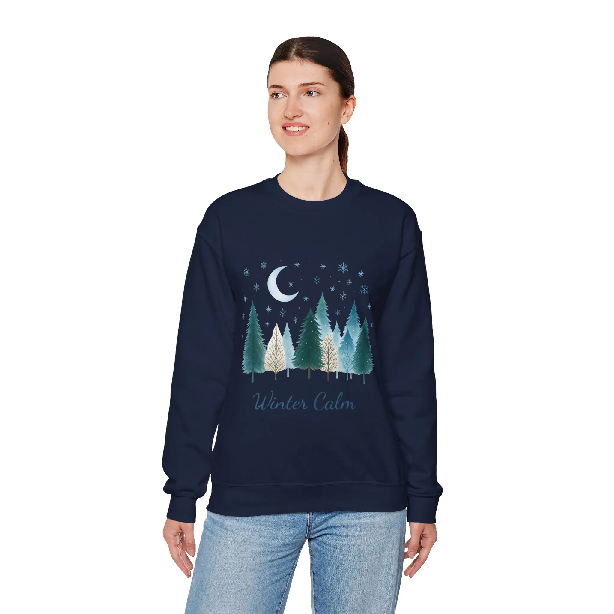 Winter Calm Sweatshirt, Minimalist Christmas Forest Pullover, Serene Winter Moon Scene Sweater for Women - Image 21