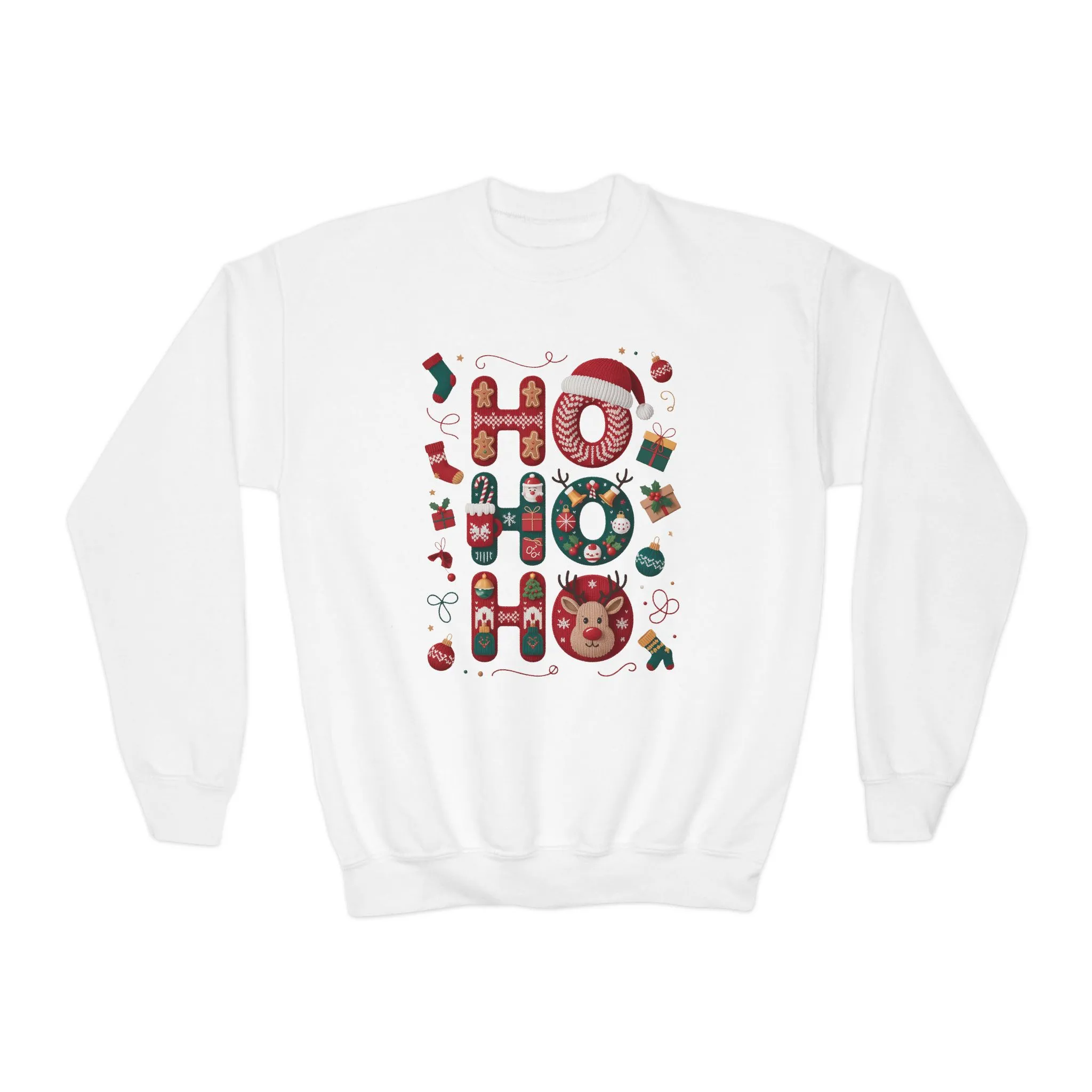 Ho Ho Ho Kids Christmas Sweatshirt, Cute Girls Holiday Outfit, Reindeer, Gingerbread - Santa Hat Design, Cozy Winter Youth Crewneck - Image 3