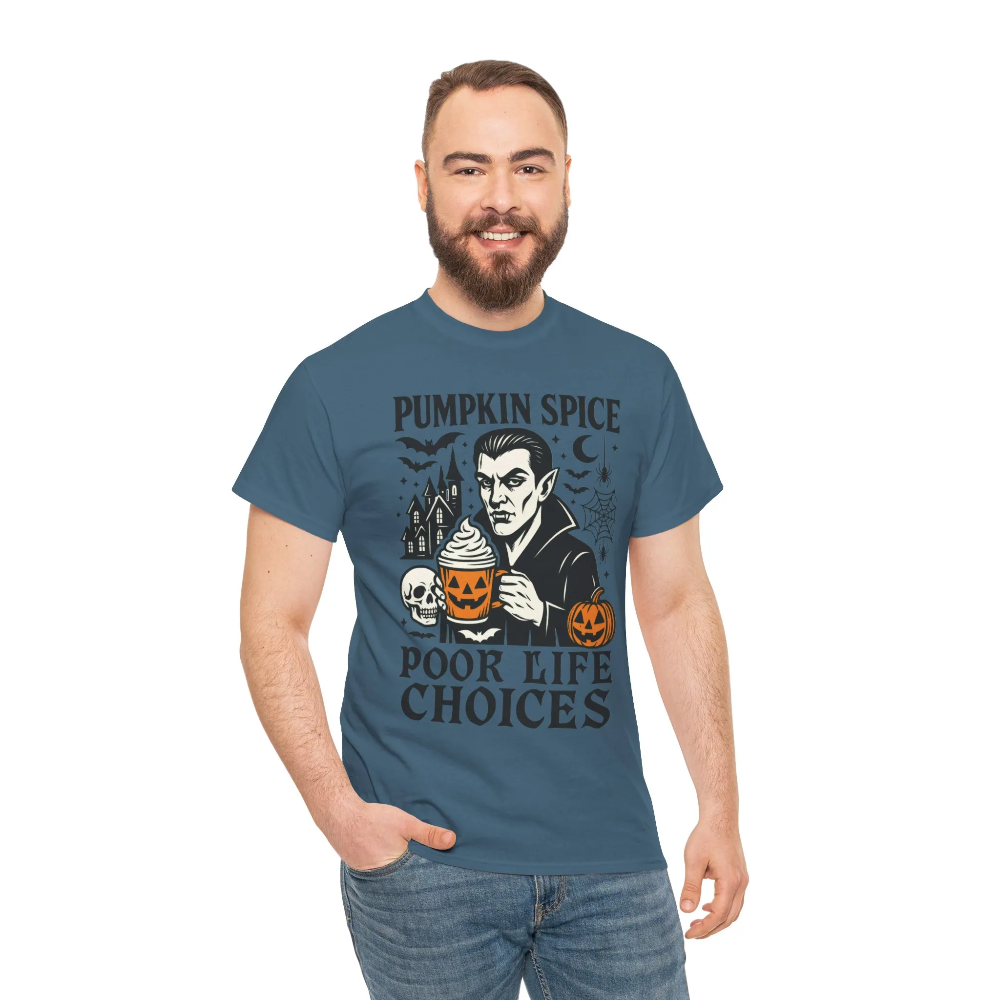 Pumpkin Spice Poor Life Choices Men's T-Shirt, Funny Vampire Coffee Halloween Graphic Tee - Image 20