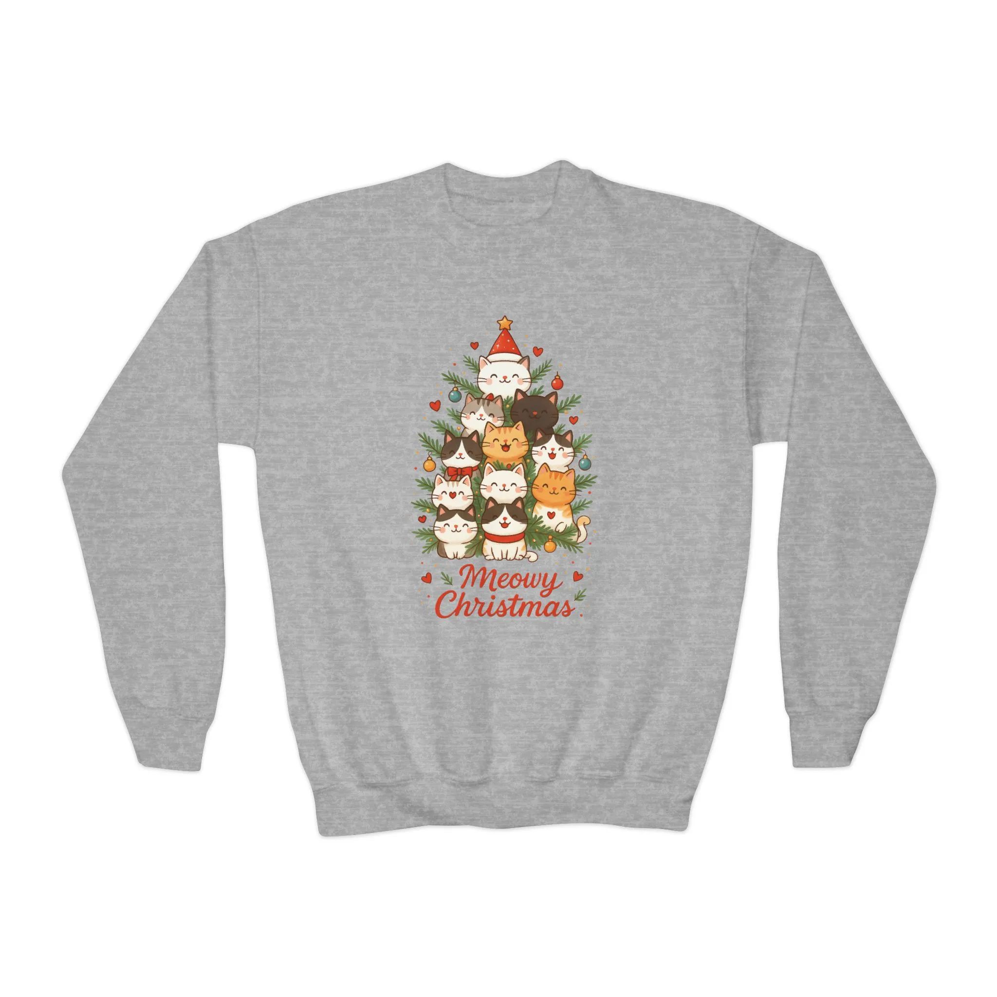 Youth Meowy Christmas Cat Sweatshirt, Cute Holiday Kitty Jumper - Image 2