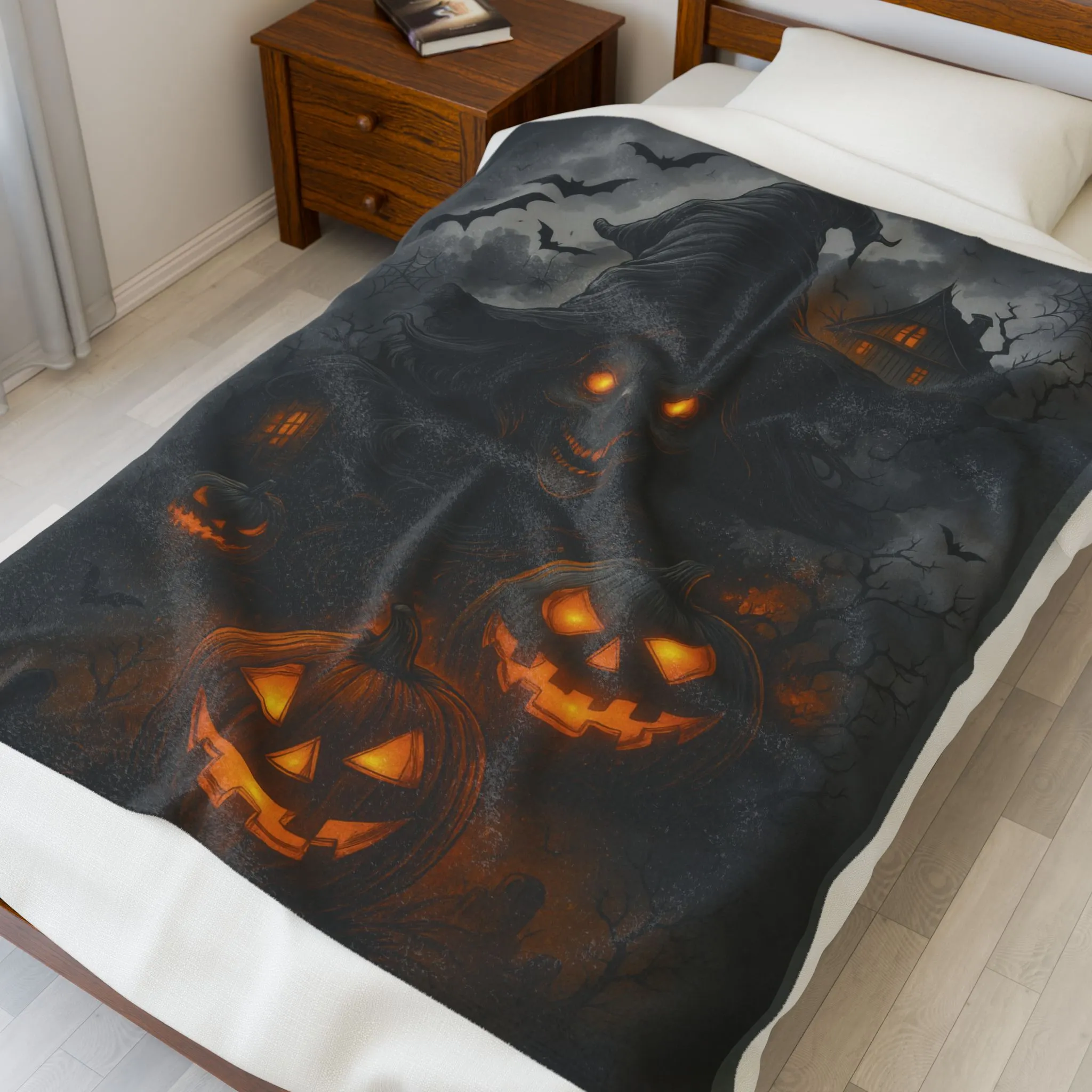 Witch and Pumpkins Halloween Velveteen Plush Blanket, Spooky Cozy Throw, Gothic Haunted House Decor, Horror Witch Gift - Image 2