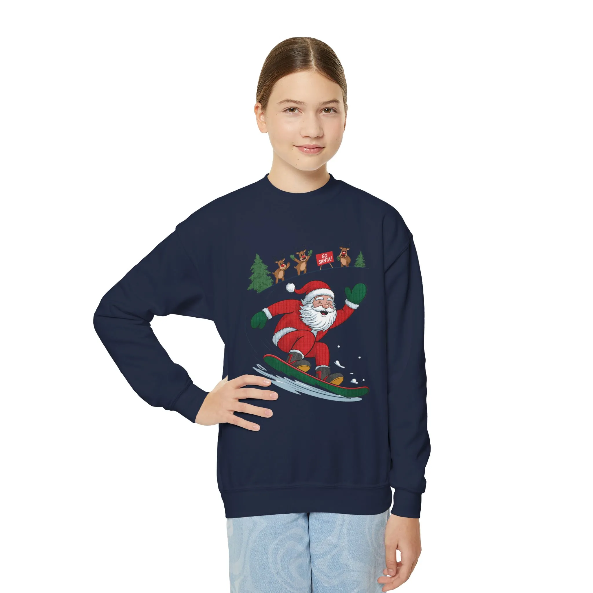 Go Santa Snowboarding Christmas Sweatshirt, Funny Santa - Reindeer Holiday Jumper for Kids, Cute Winter Sports Christmas Youth Sweatshirt - Image 15