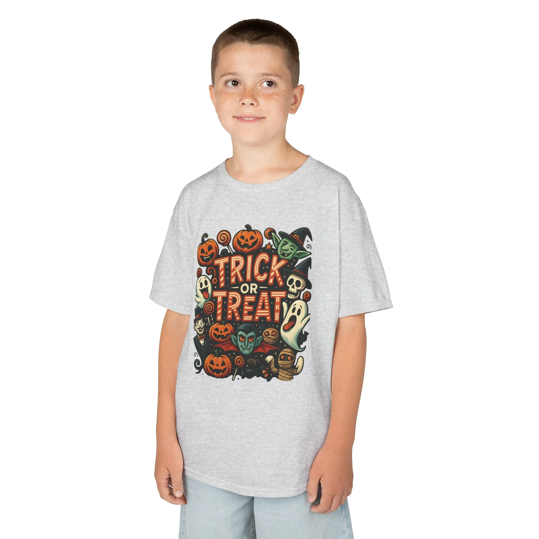 Kids Trick or Treat T-Shirt, Halloween Graphic Tee with Pumpkins, Ghosts & Vampires, Fun Spooky Shirt for Children - Image 6