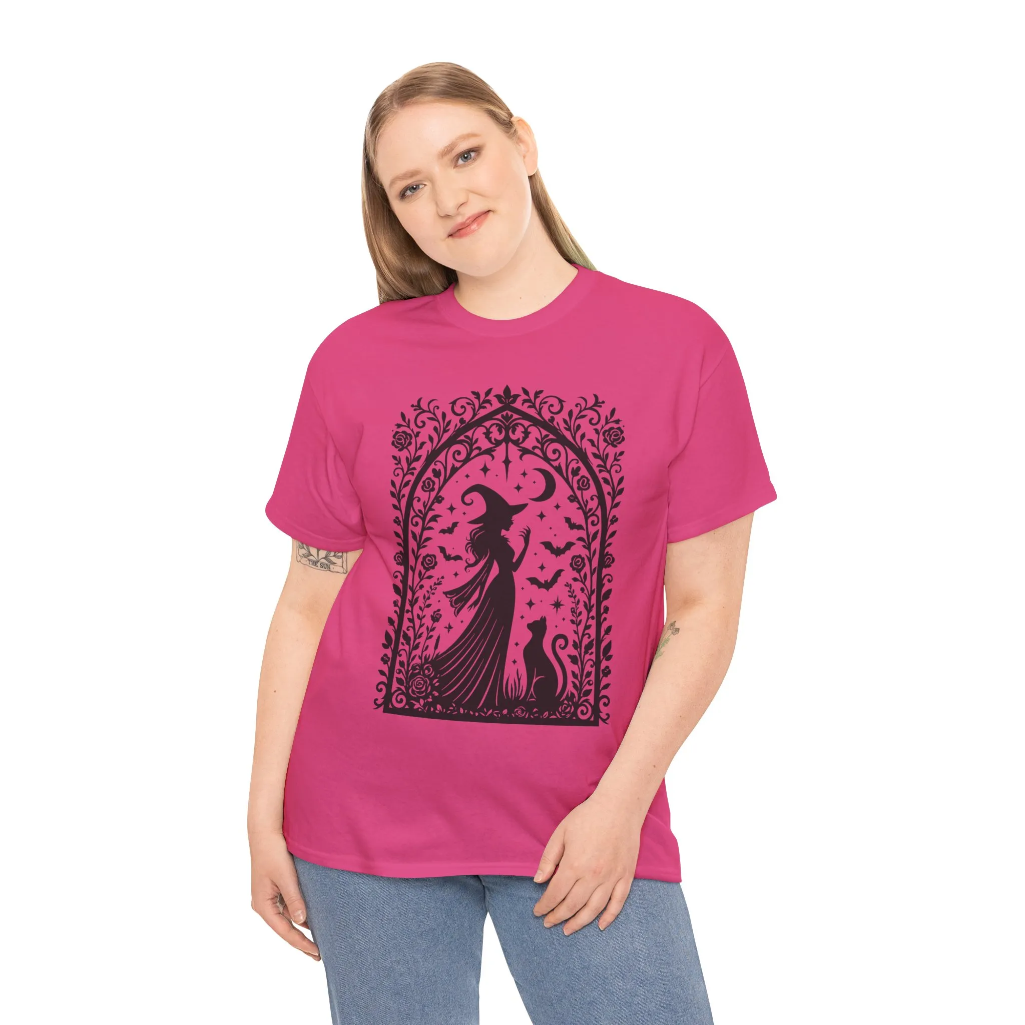 Gothic Witch & Cat Women's T-Shirt, Elegant Halloween Moon Silhouette Witchy Graphic Tee - Image 3