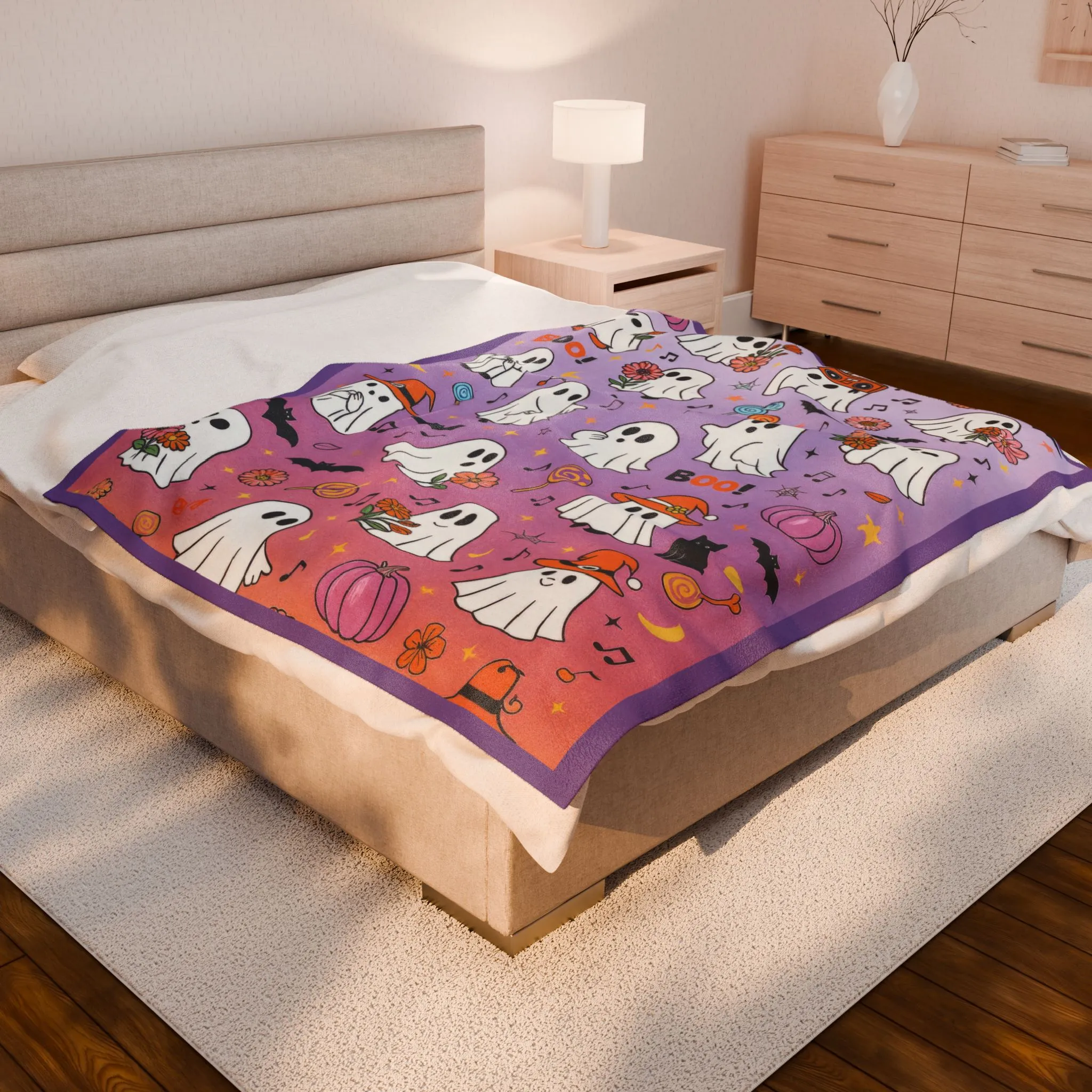 Cute Ghost Halloween Velveteen Plush Blanket for Kids, Purple Ghost and Candy Throw Blanket, Cozy Spooky Fall Blanket, Kawaii Boo Gift - Image 3