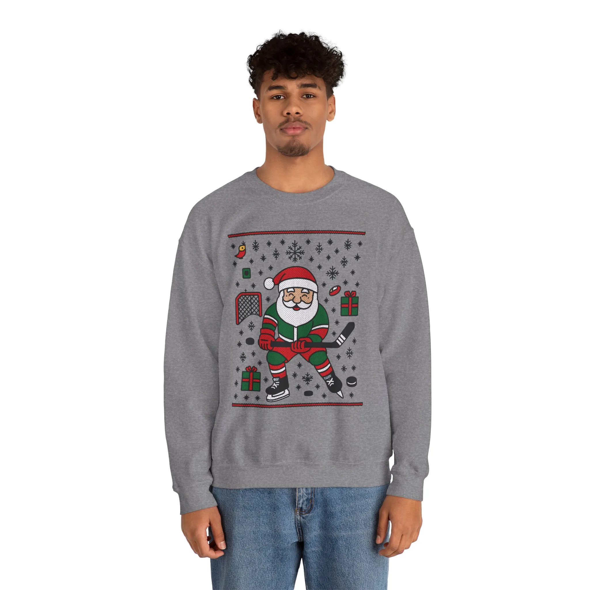 Hockey Santa Men's Christmas Sweatshirt, Funny Sports Holiday Jumper - Image 11