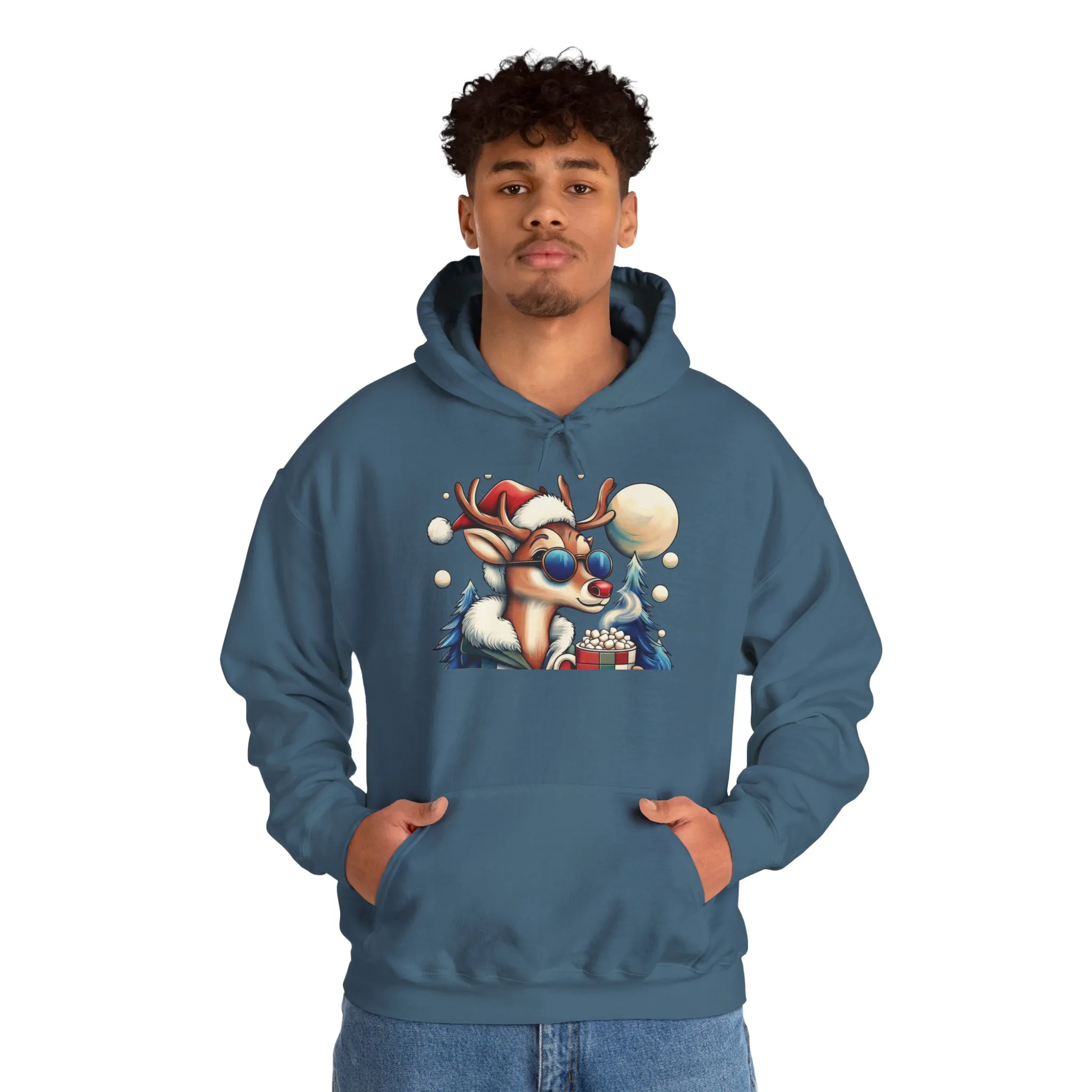 Cool Reindeer Christmas Hoodie, Funny Holiday Hot Cocoa Pullover for Men - Image 19
