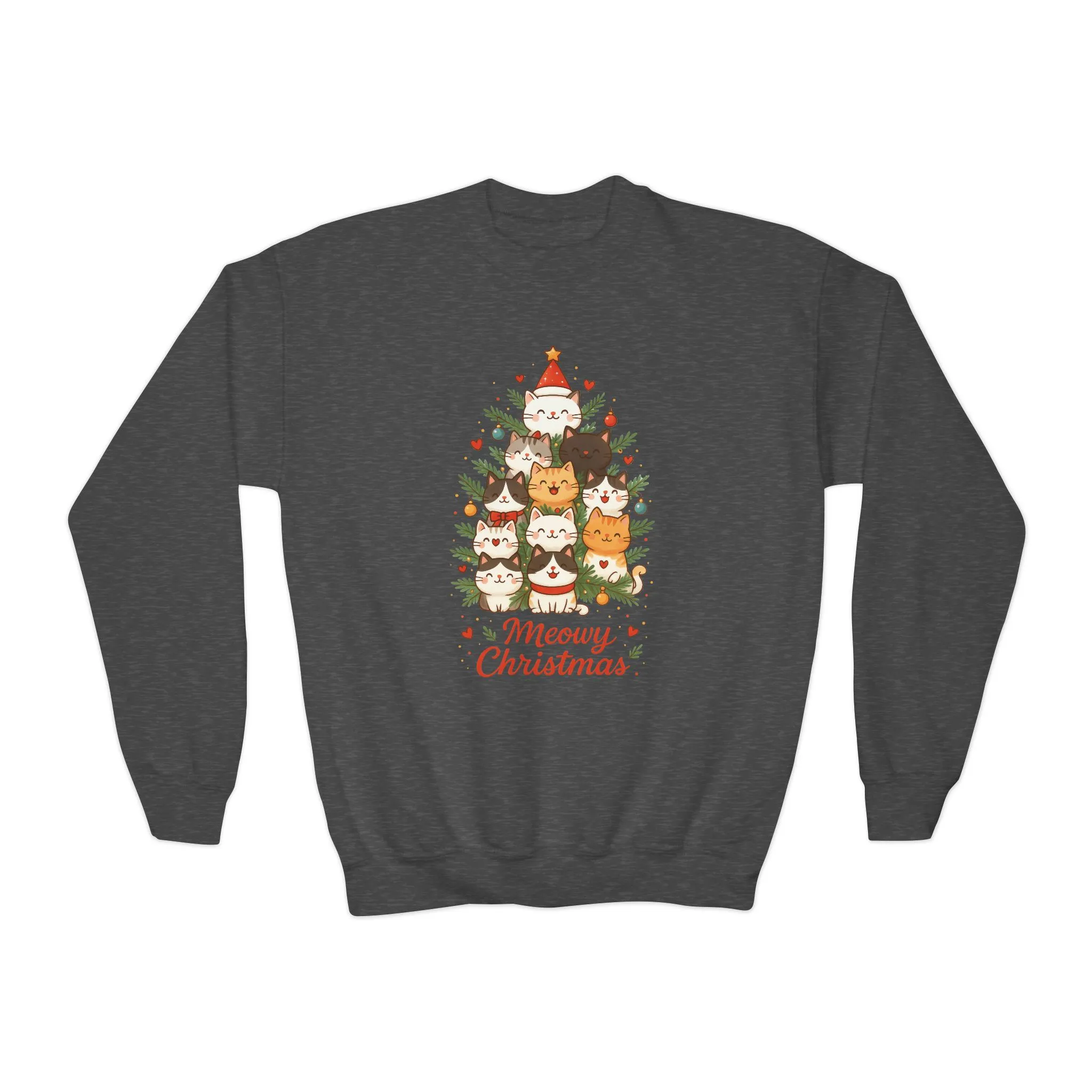 Youth Meowy Christmas Cat Sweatshirt, Cute Holiday Kitty Jumper - Image 7