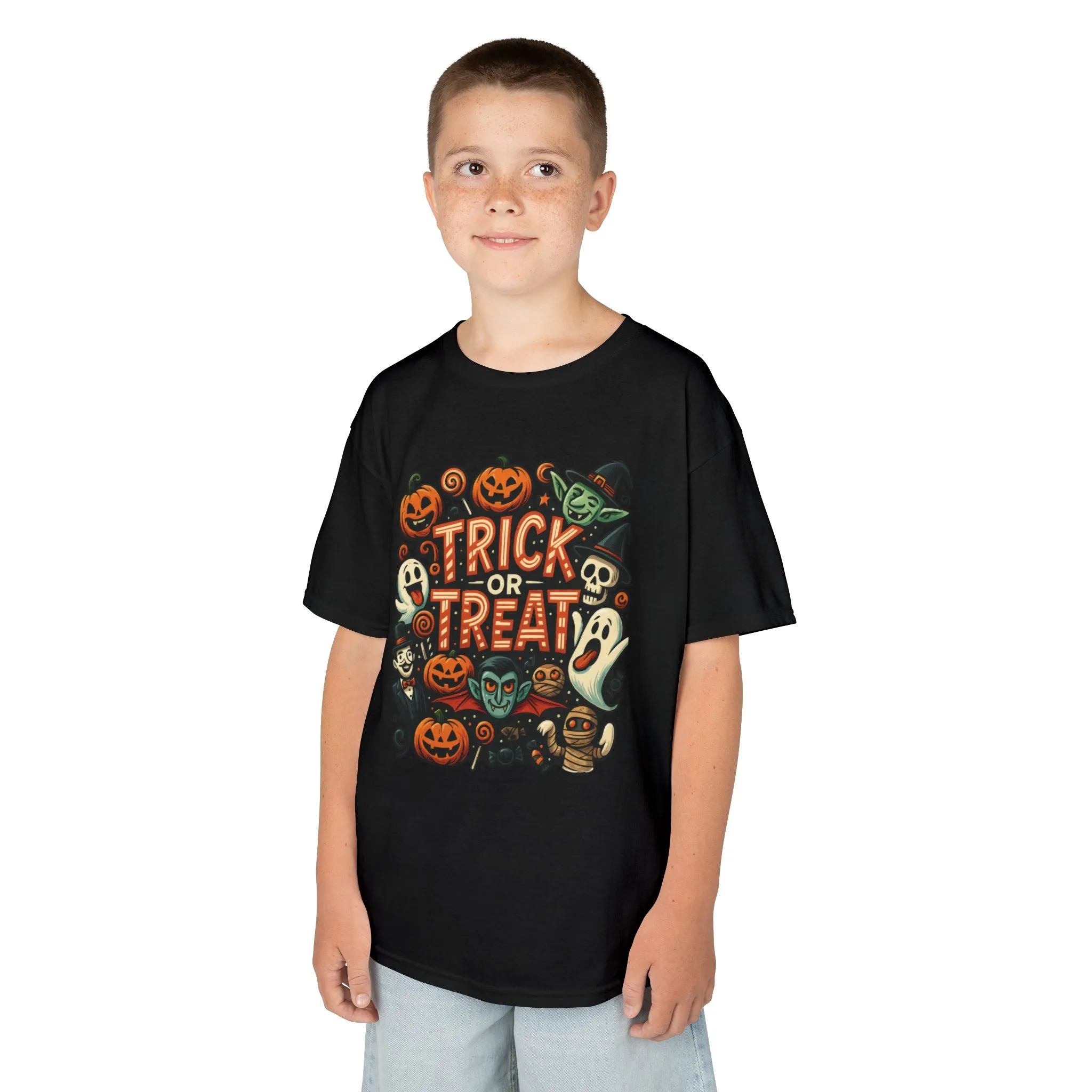 Kids Trick or Treat T-Shirt, Halloween Graphic Tee with Pumpkins, Ghosts & Vampires, Fun Spooky Shirt for Children - Image 3