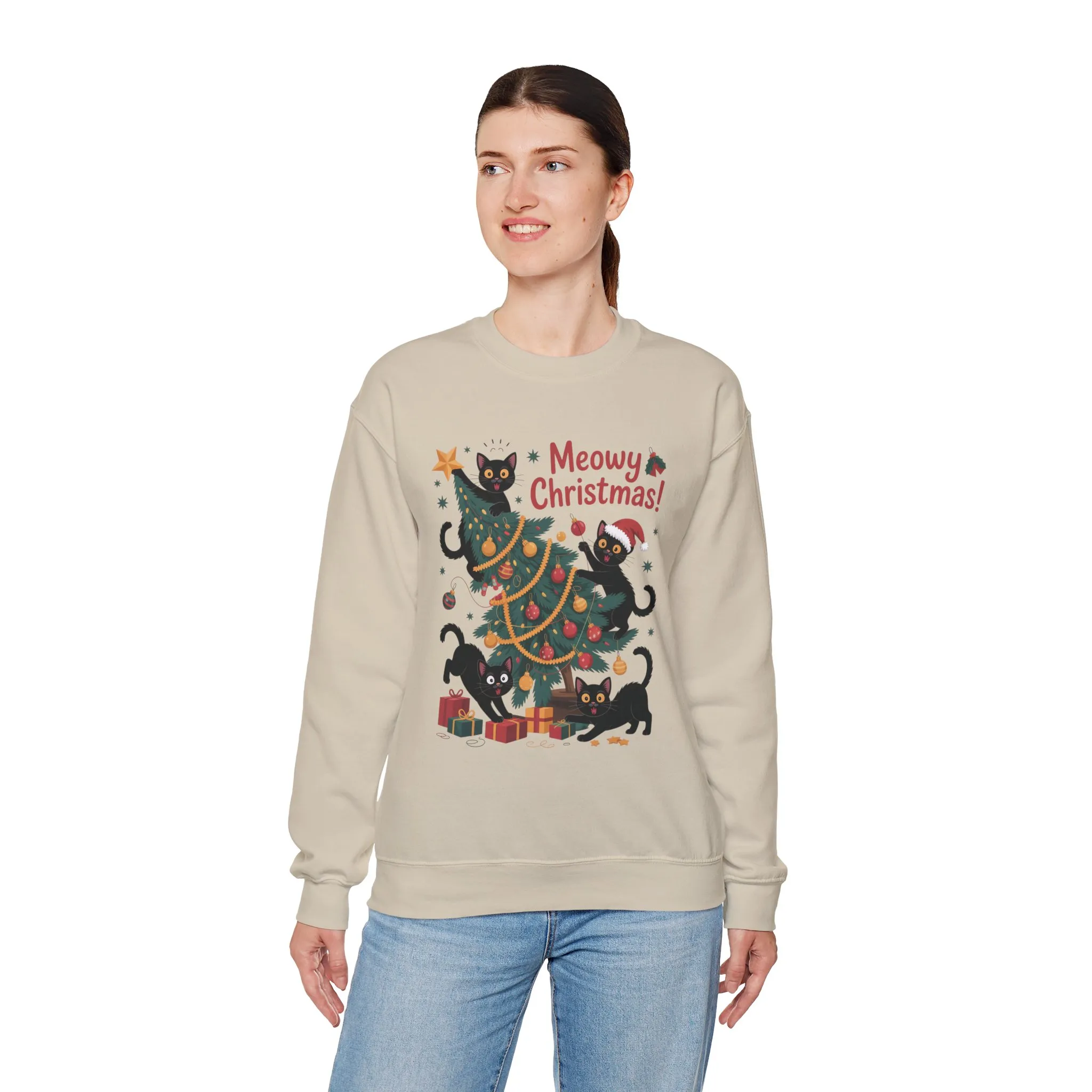 Black Cats Christmas Tree Sweatshirt, Funny Cat Lover Holiday Sweater, Cute Christmas Cat Chaos Jumper - Image 6