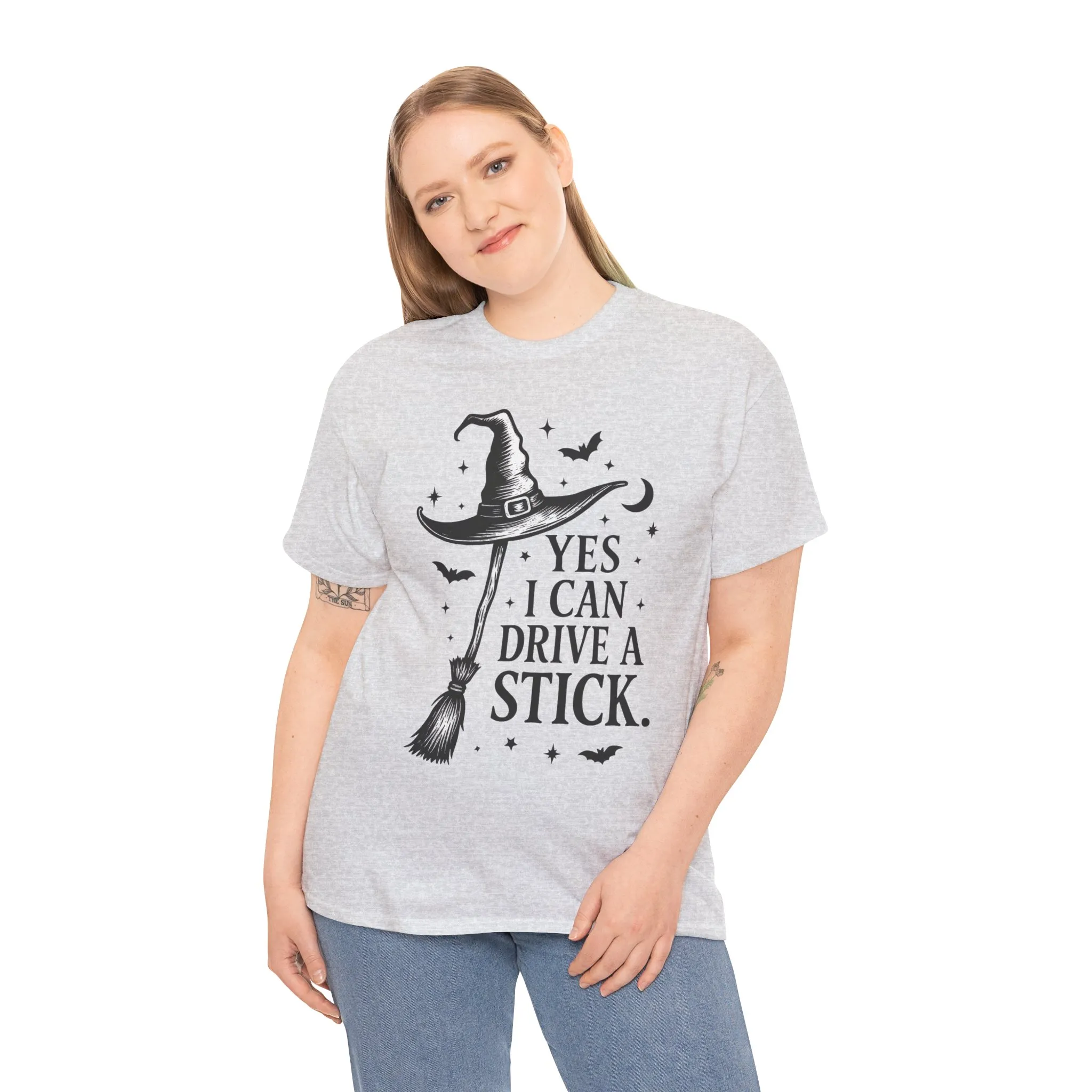 Yes I Can Drive a Stick Witch Hat Broom Halloween Women's T-Shirt, Funny Spooky Graphic Tee, Witch Shirt - Image 6