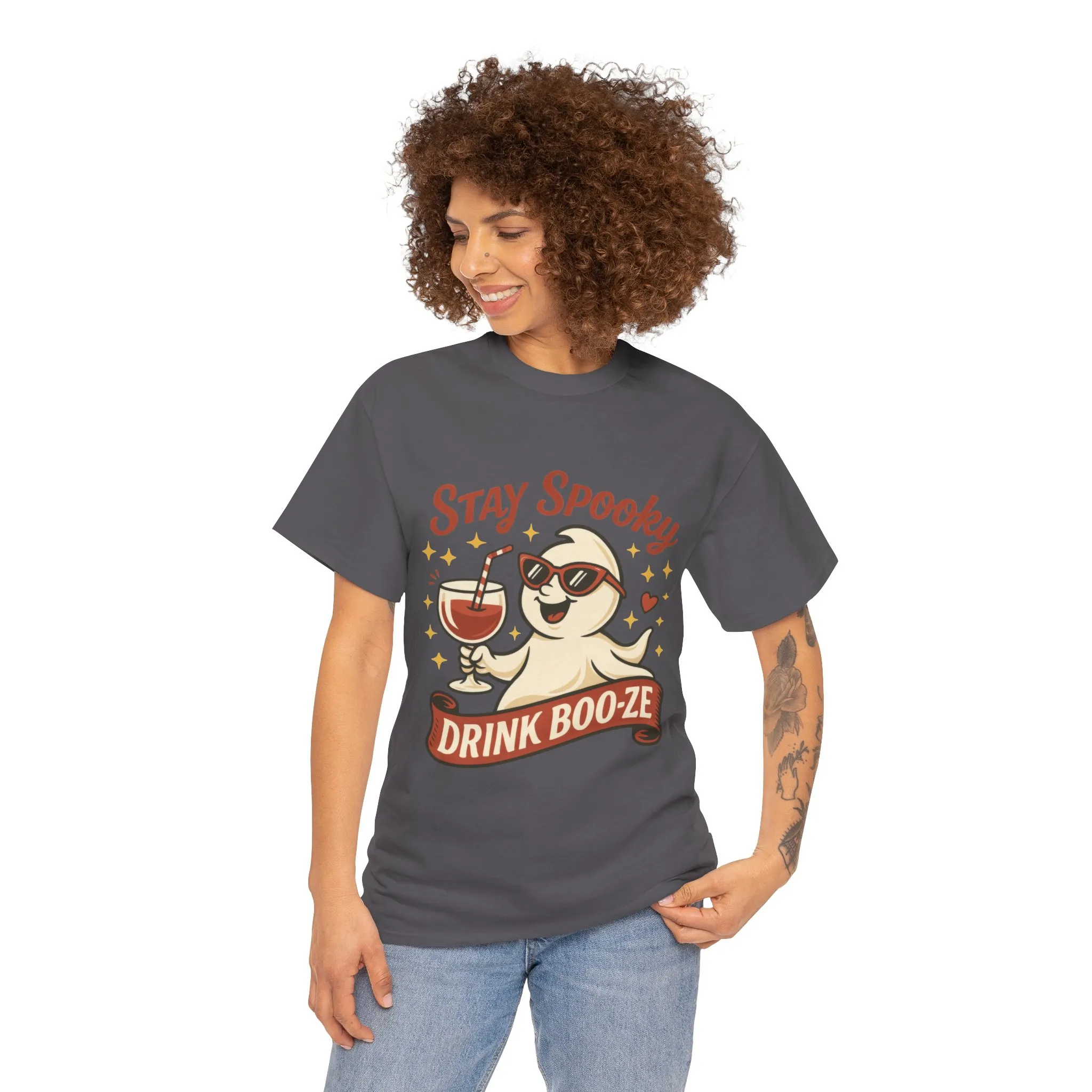 Stay Spooky Drink Boo-ze Women's T-Shirt, Funny Ghost Wine Halloween Party Graphic Tee - Image 14