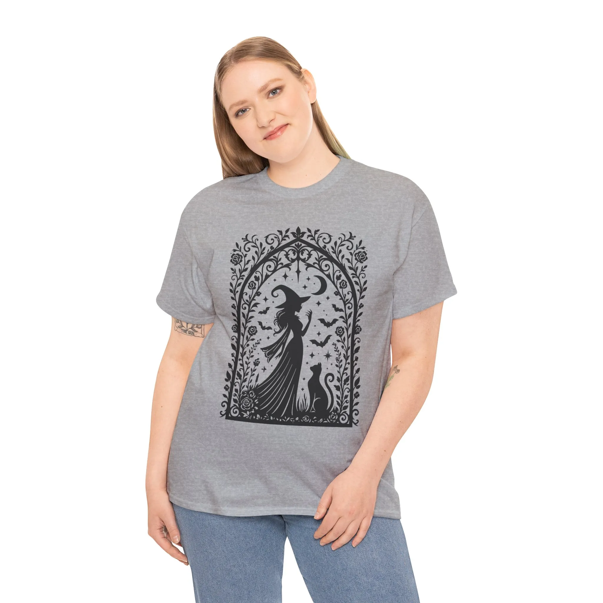Gothic Witch & Cat Women's T-Shirt, Elegant Halloween Moon Silhouette Witchy Graphic Tee - Image 9