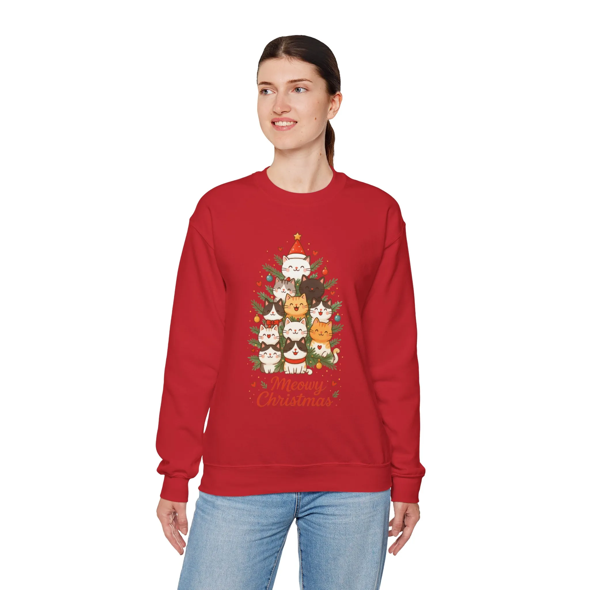 Women's Meowy Christmas Cat Sweatshirt, Cute Holiday Kitty Pullover - Image 27