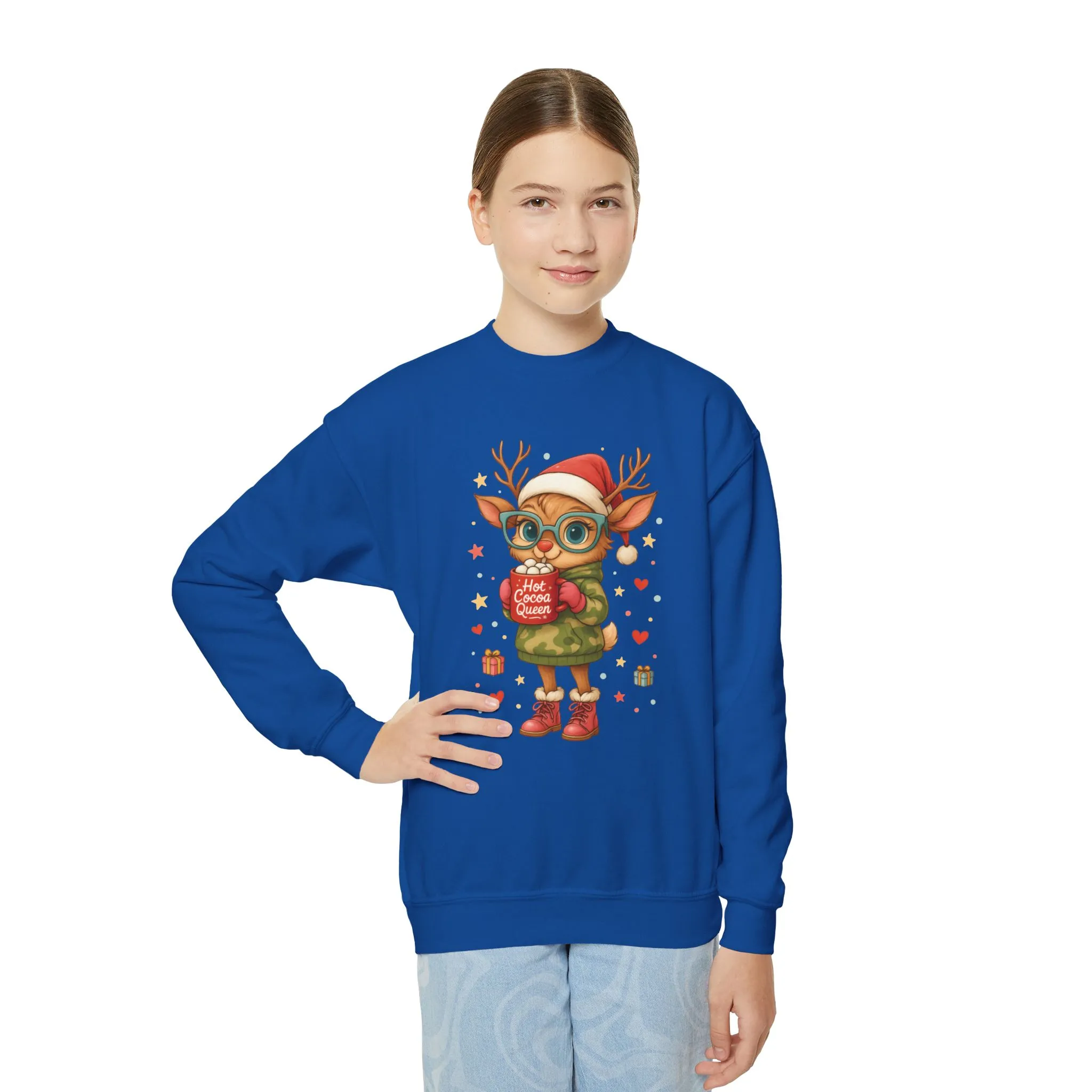 Hot Cocoa Queen Christmas Sweatshirt for Girls, Cute Holiday Reindeer Jumper - Image 12