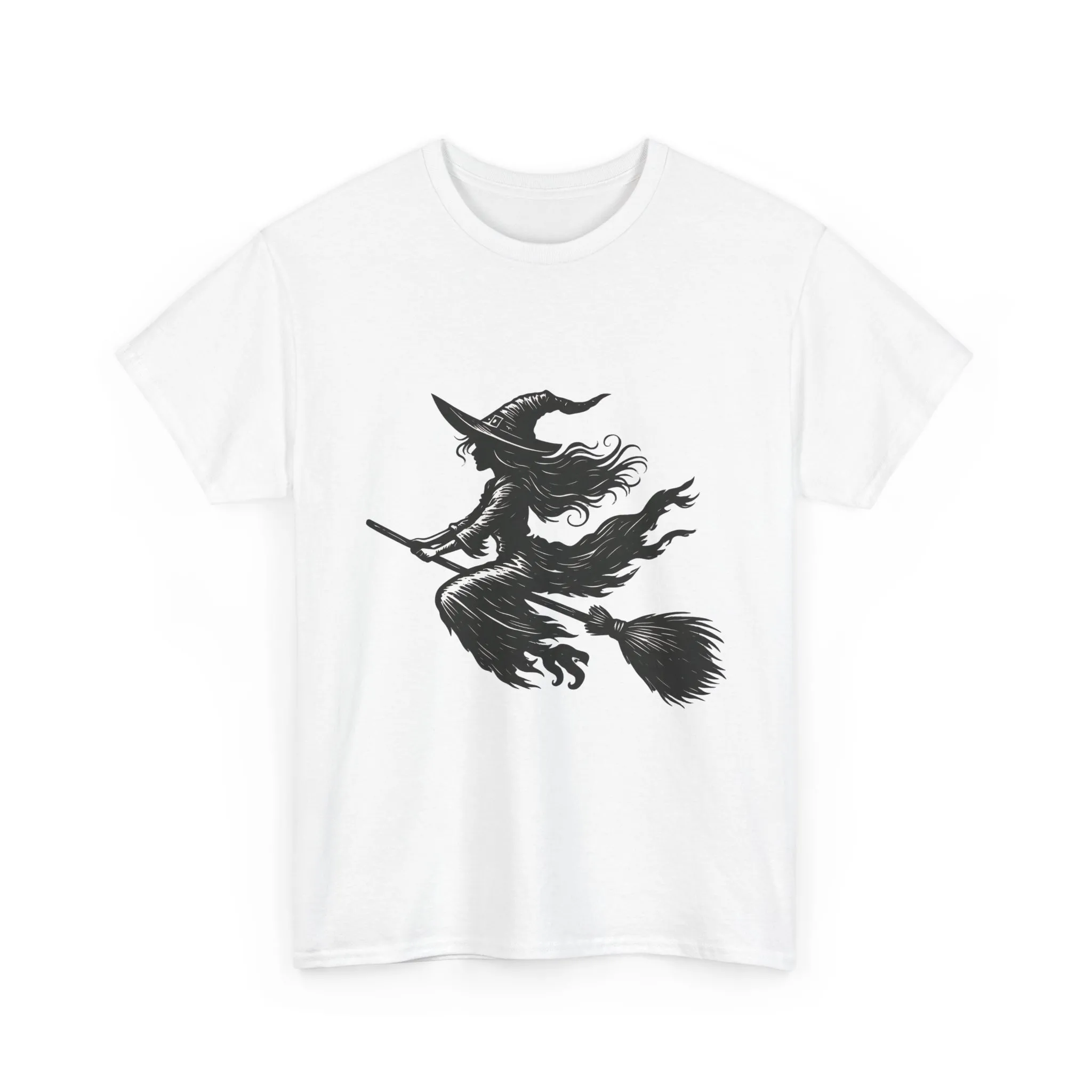 Flying Witch Silhouette Halloween T-Shirt for Women, Vintage Witch on Broom Tee, Spooky Gothic Fall Shirt, Minimal Black Witch Top - Image 4