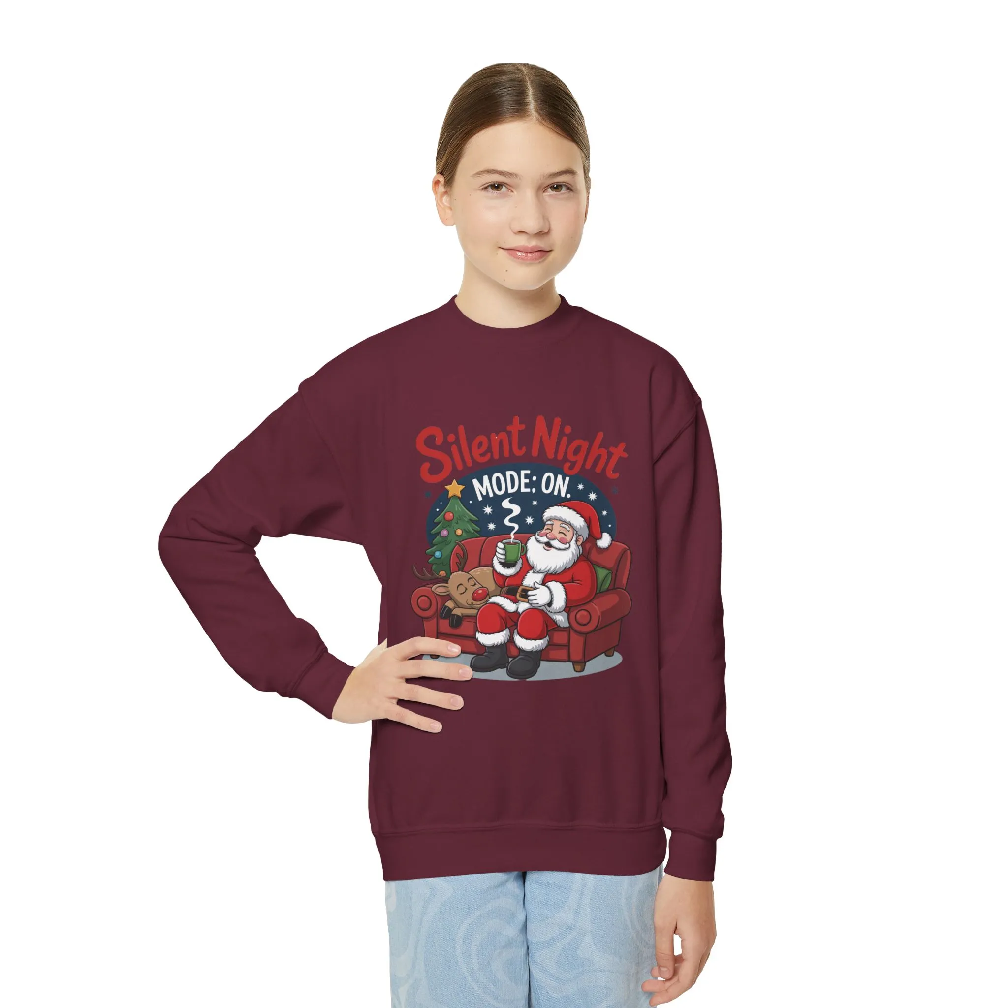 Kids Silent Night Mode On Christmas Sweatshirt, Cute Santa - Reindeer Holiday Jumper, Funny Cozy Christmas Sweater for Youth - Image 15