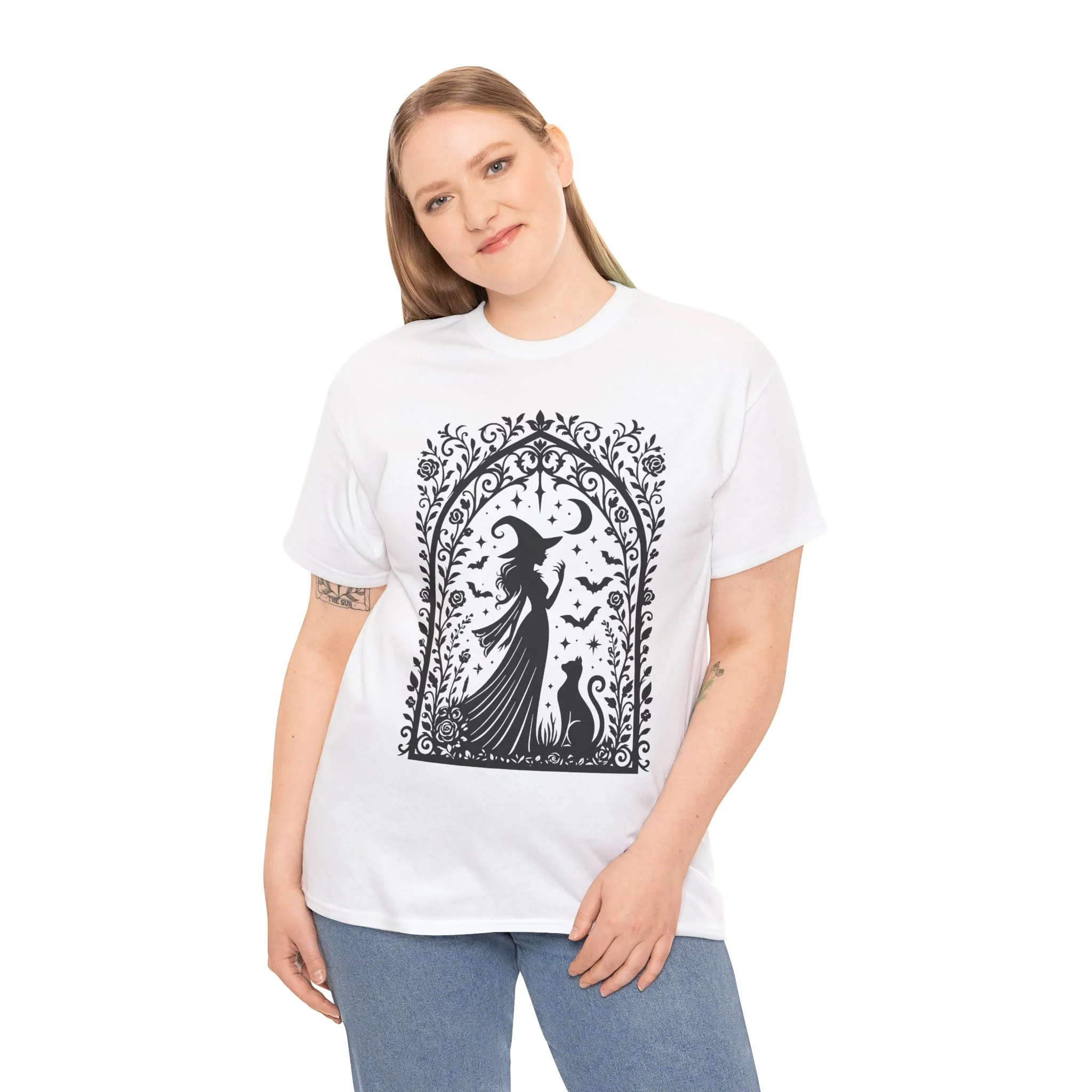 Gothic Witch & Cat Women's T-Shirt, Elegant Halloween Moon Silhouette Witchy Graphic Tee - Image 30