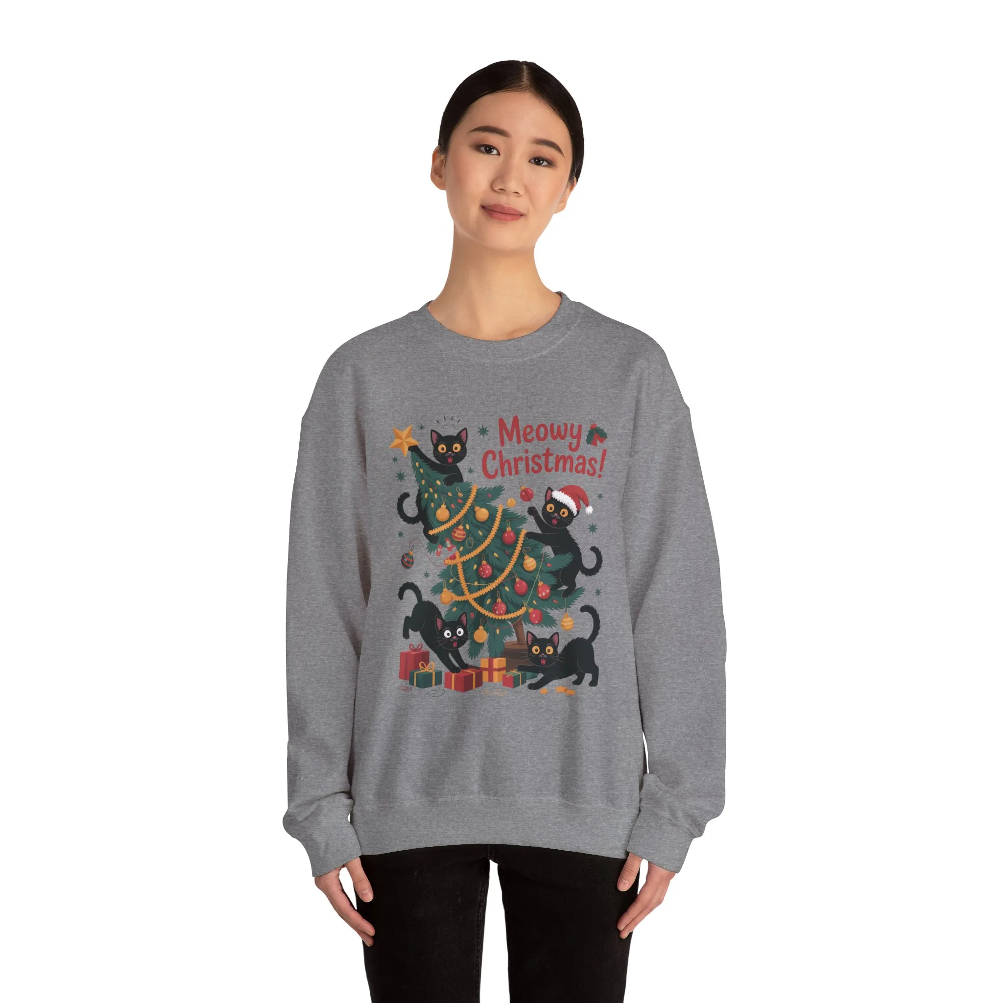 Black Cats Christmas Tree Sweatshirt, Funny Cat Lover Holiday Sweater, Cute Christmas Cat Chaos Jumper