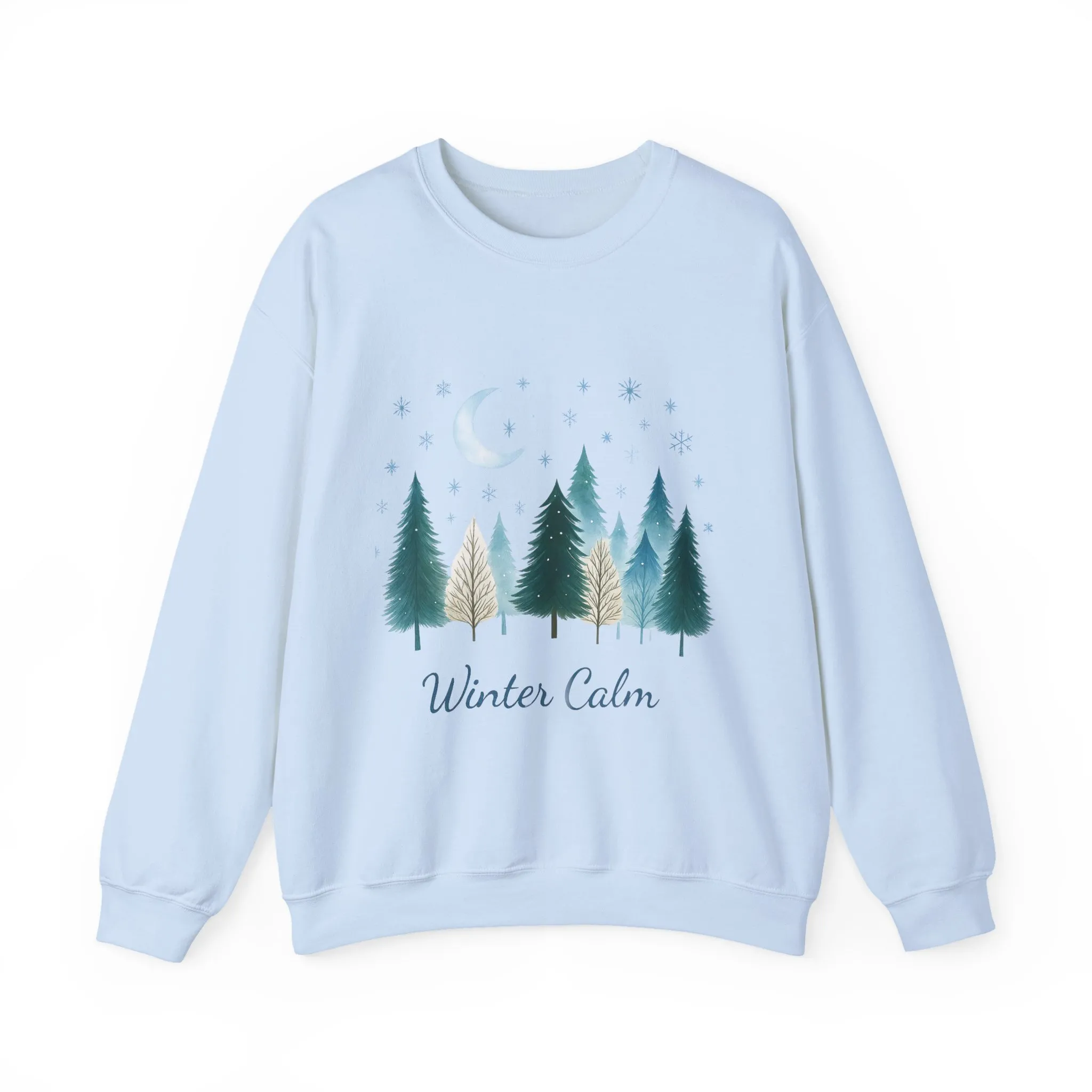 Winter Calm Sweatshirt, Minimalist Christmas Forest Pullover, Serene Winter Moon Scene Sweater for Women - Image 10