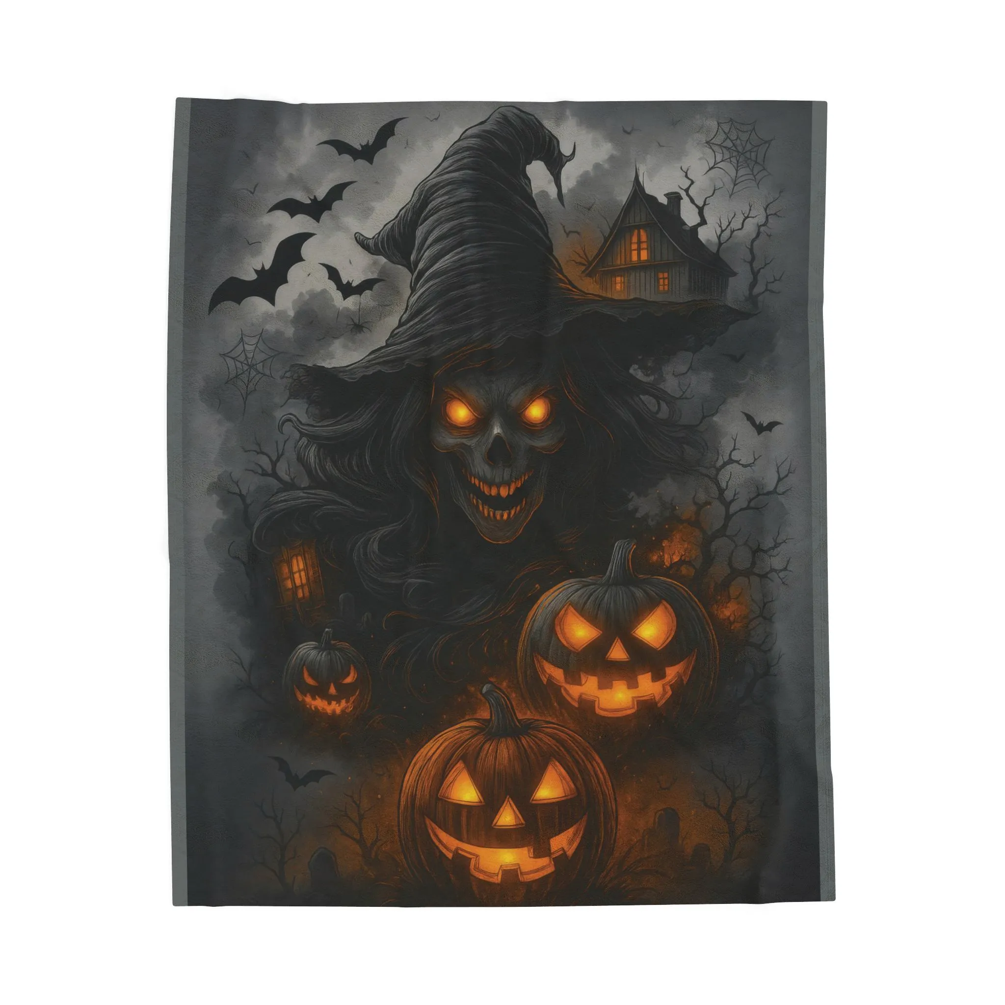Witch and Pumpkins Halloween Velveteen Plush Blanket, Spooky Cozy Throw, Gothic Haunted House Decor, Horror Witch Gift