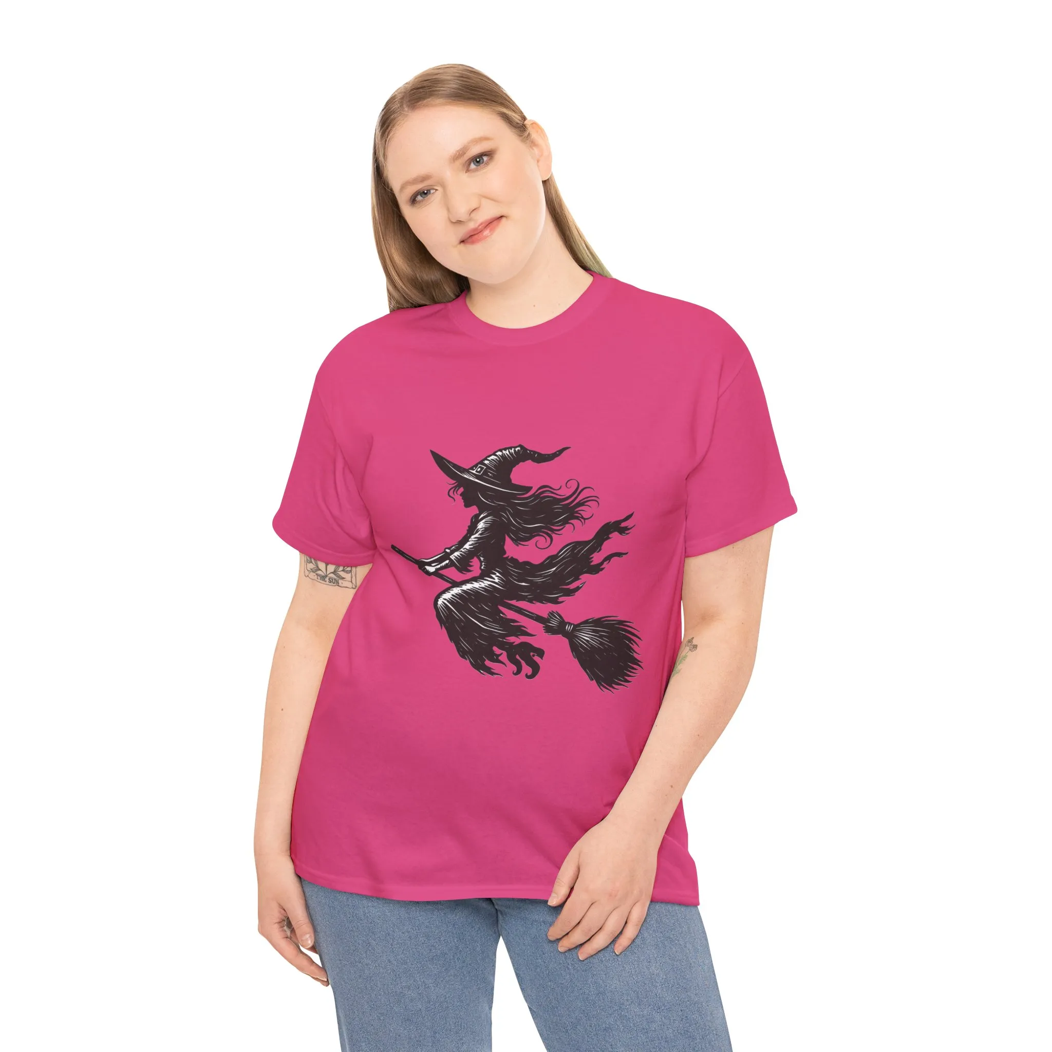 Flying Witch Silhouette Halloween T-Shirt for Women, Vintage Witch on Broom Tee, Spooky Gothic Fall Shirt, Minimal Black Witch Top - Image 27