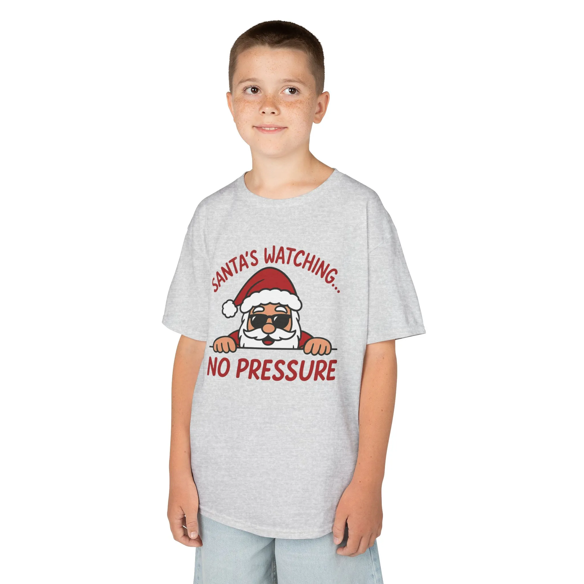 Santa's Watching No Pressure Kids Christmas T-Shirt, Funny Holiday Tee for Youth - Image 3