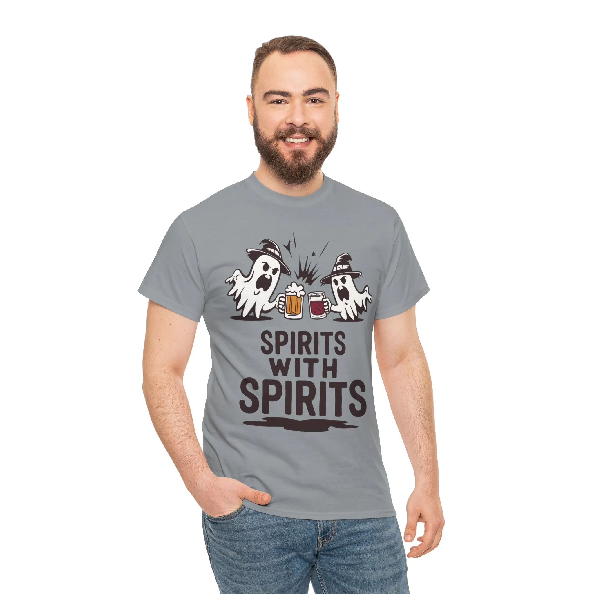 Spirits With Spirits Men's T-Shirt, Funny Ghost Drinking Halloween Party Graphic Tee - Image 11