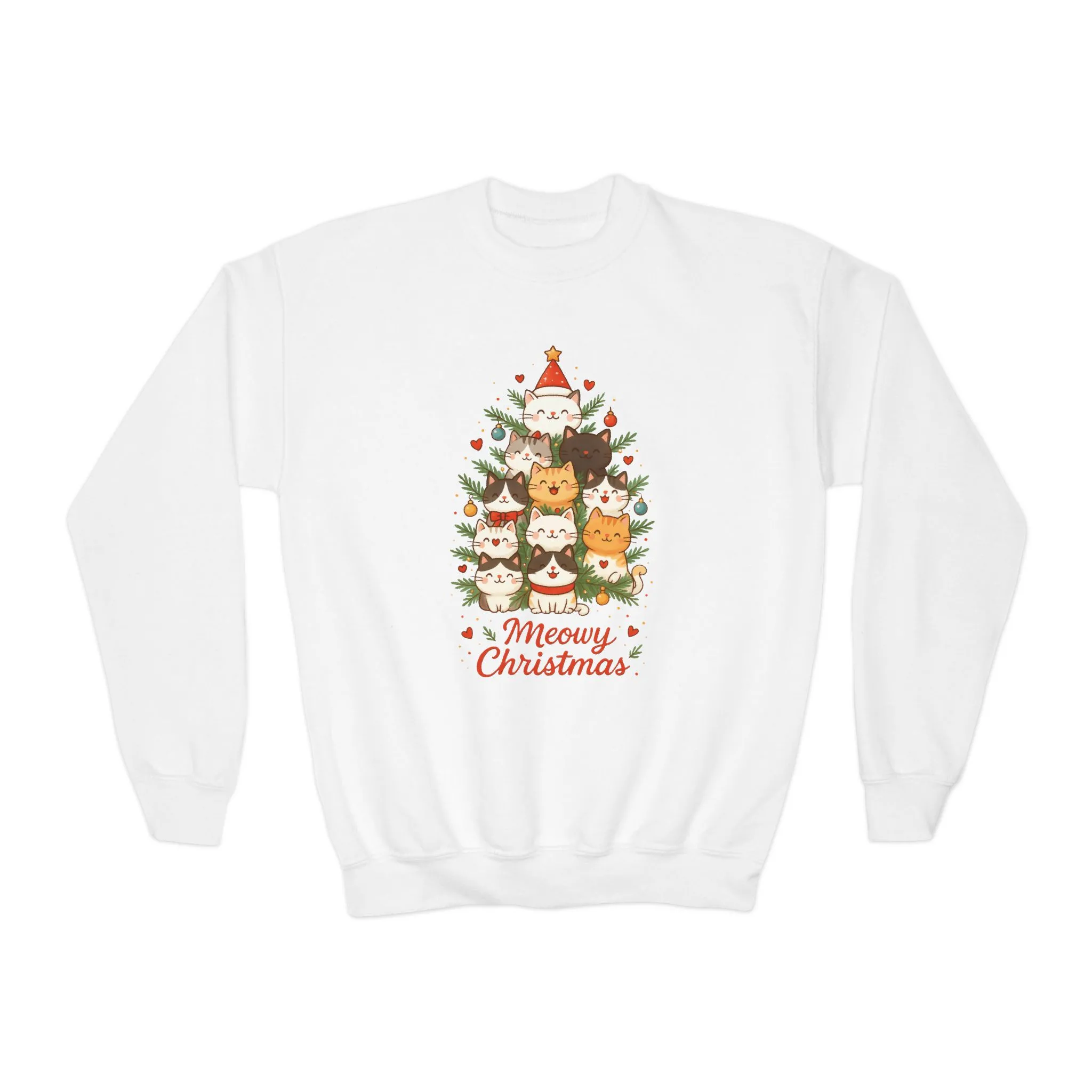 Youth Meowy Christmas Cat Sweatshirt, Cute Holiday Kitty Jumper - Image 3