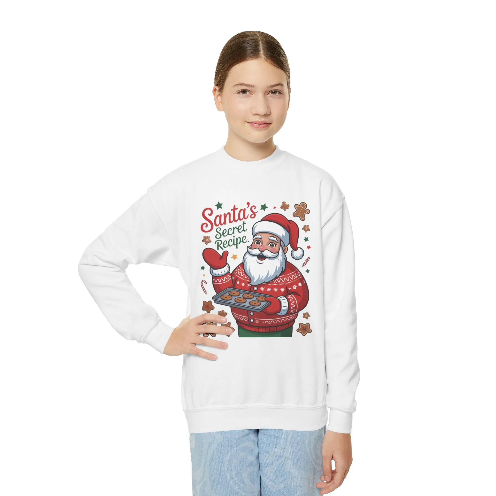 Kids Santa's Secret Recipe Christmas Sweatshirt, Cute Holiday Baking Jumper, Gingerbread Cookie Santa Sweater for Girls - Image 5