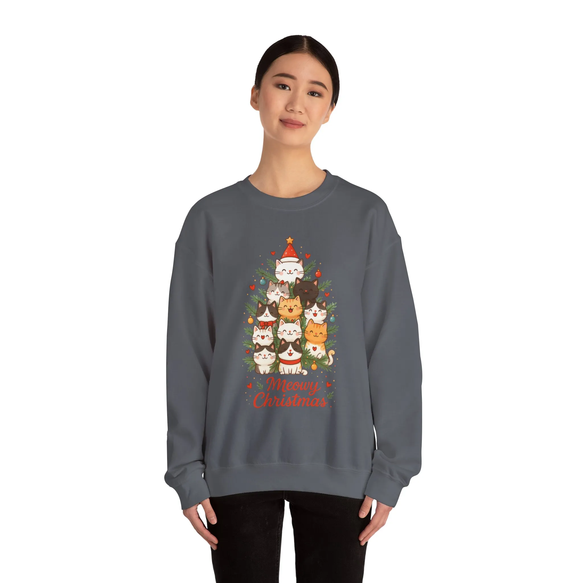 Women's Meowy Christmas Cat Sweatshirt, Cute Holiday Kitty Pullover - Image 14