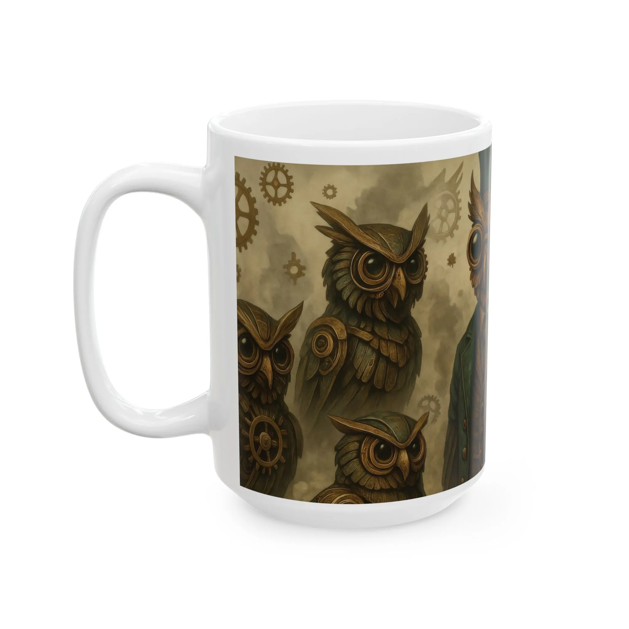 Steampunk Owl Mug, Victorian Mechanical Owl Coffee Cup, Brass Gear Owl Art, Industrial Fantasy Gift for Men, Steampunk Lovers, Mug, (15oz) - Image 3
