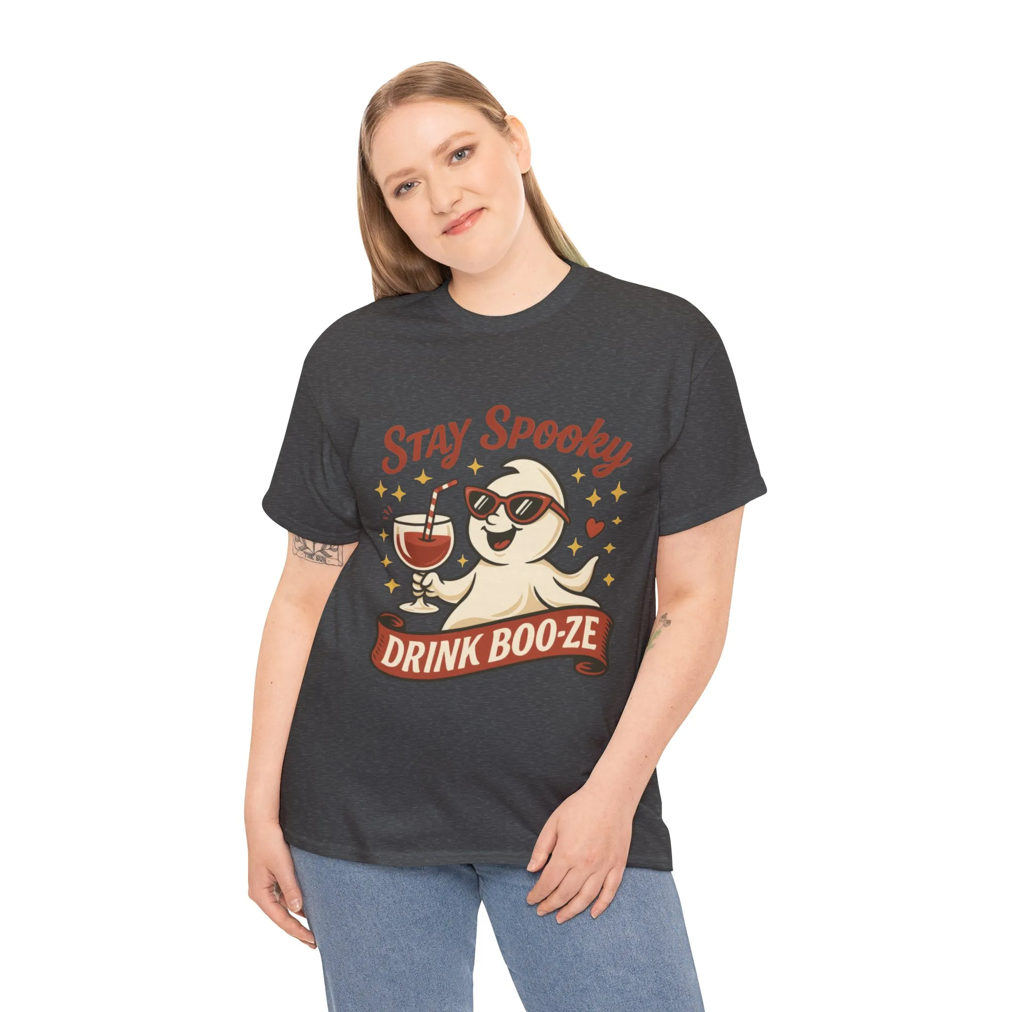 Stay Spooky Drink Boo-ze Women's T-Shirt, Funny Ghost Wine Halloween Party Graphic Tee - Image 9