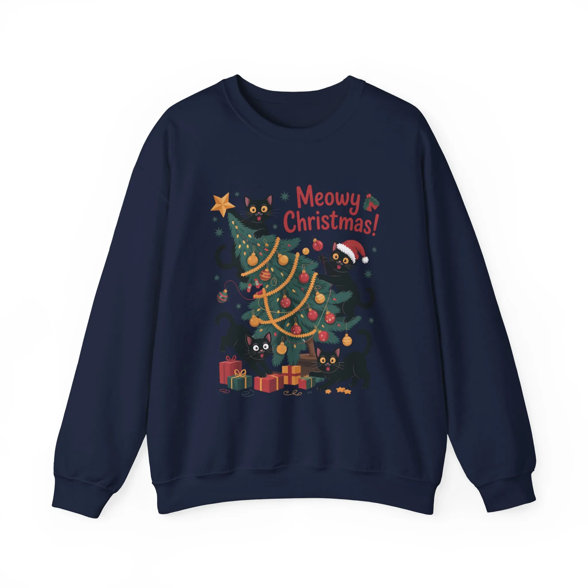 Black Cats Christmas Tree Sweatshirt, Funny Cat Lover Holiday Sweater, Cute Christmas Cat Chaos Jumper - Image 16