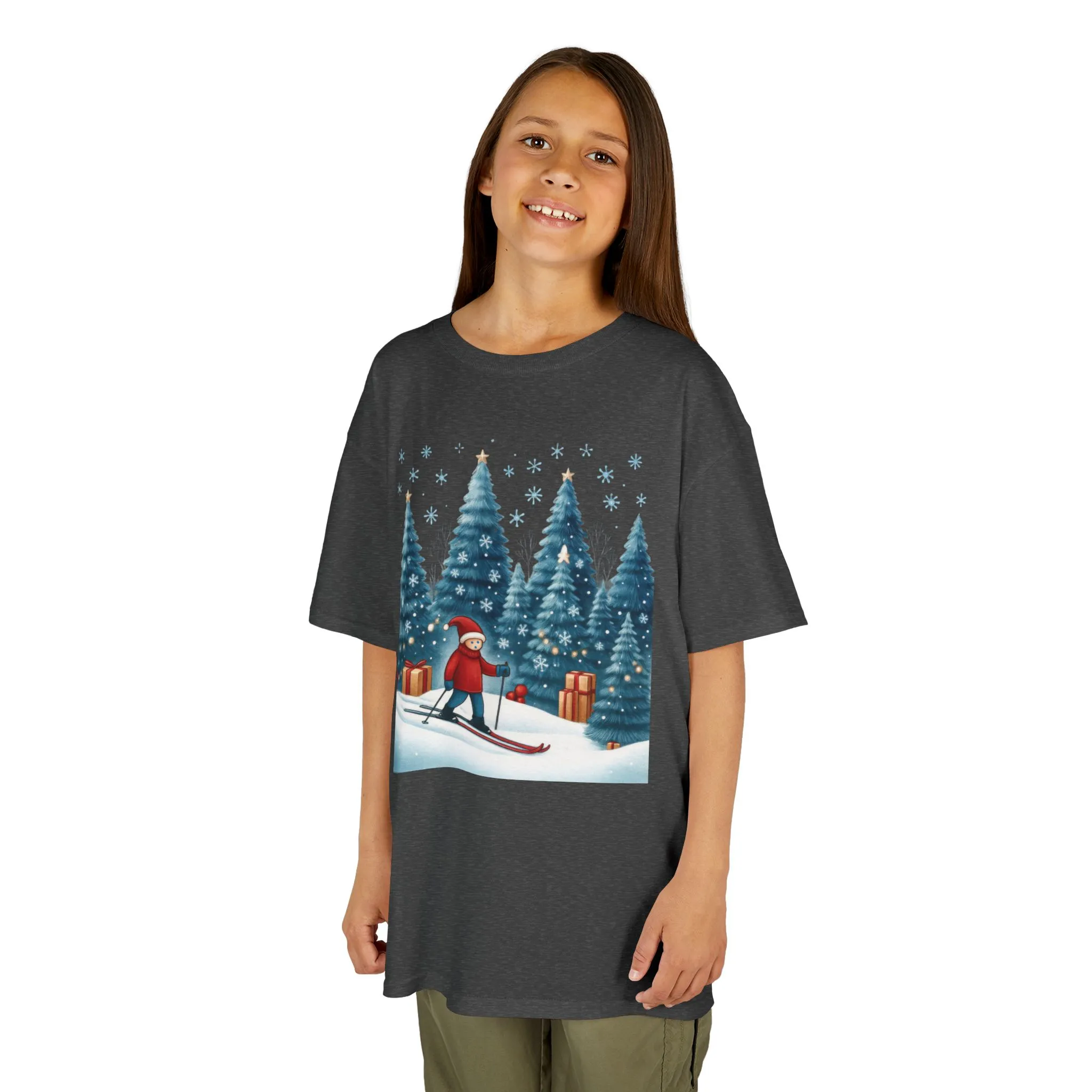 Kids Christmas Skiing T-Shirt, Cute Winter Holiday Graphic Tee, Kids Heavy Cotton™ Tee - Image 8