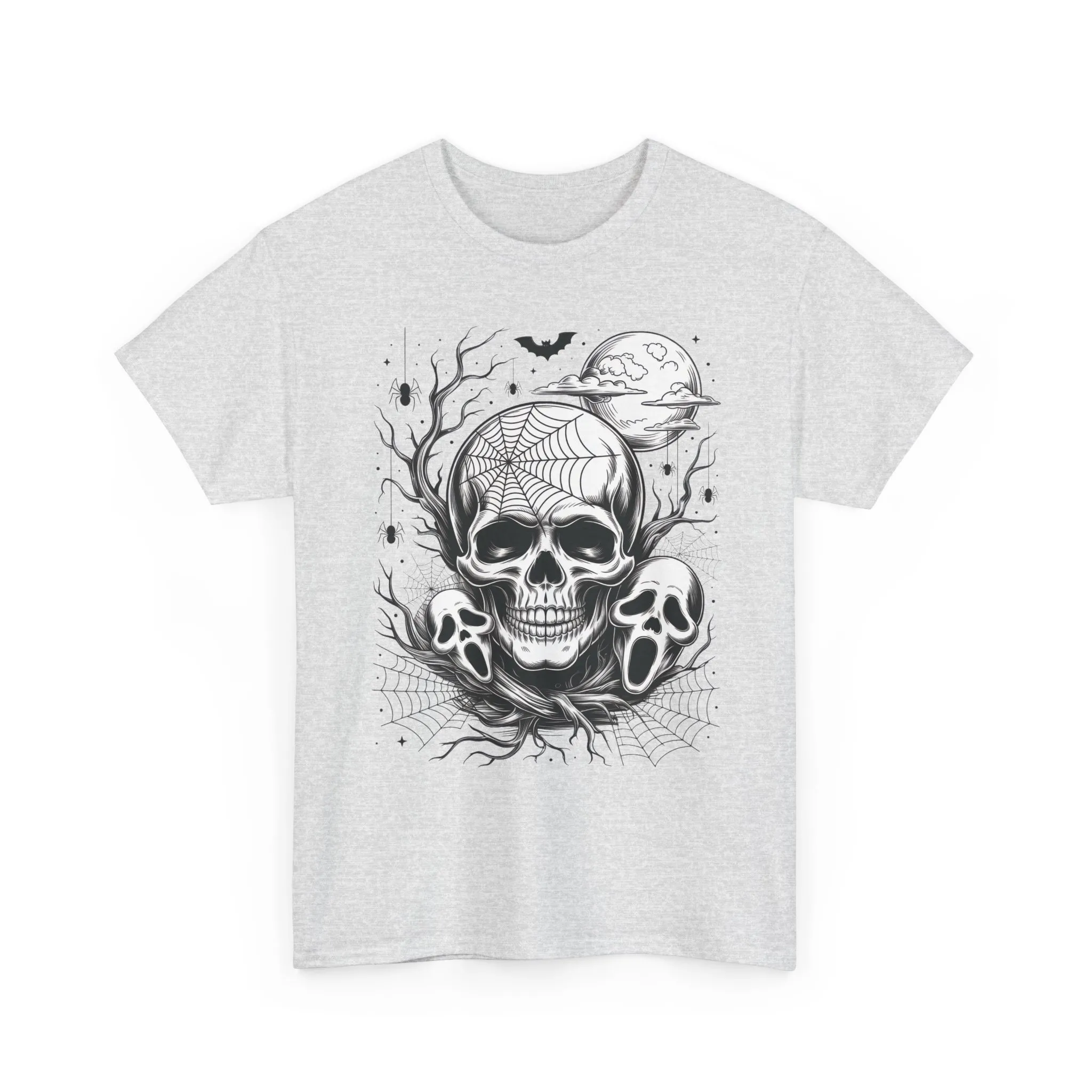 Men's Gothic Skull T-Shirt, Halloween Graphic Tee, Spider Web Moon Horror Shirt, Spooky Skull Graphic Top for Him - Image 2