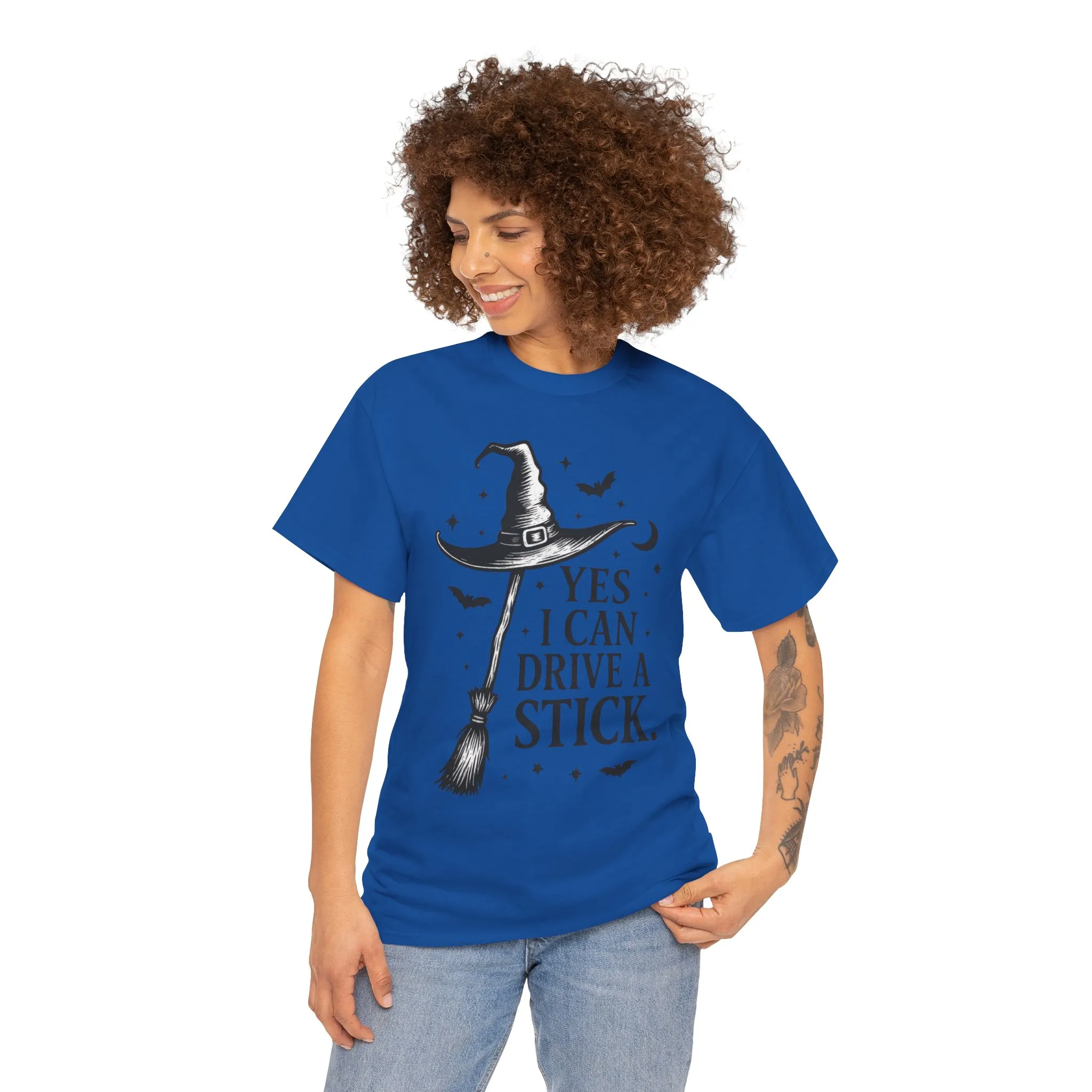 Yes I Can Drive a Stick Witch Hat Broom Halloween Women's T-Shirt, Funny Spooky Graphic Tee, Witch Shirt - Image 14
