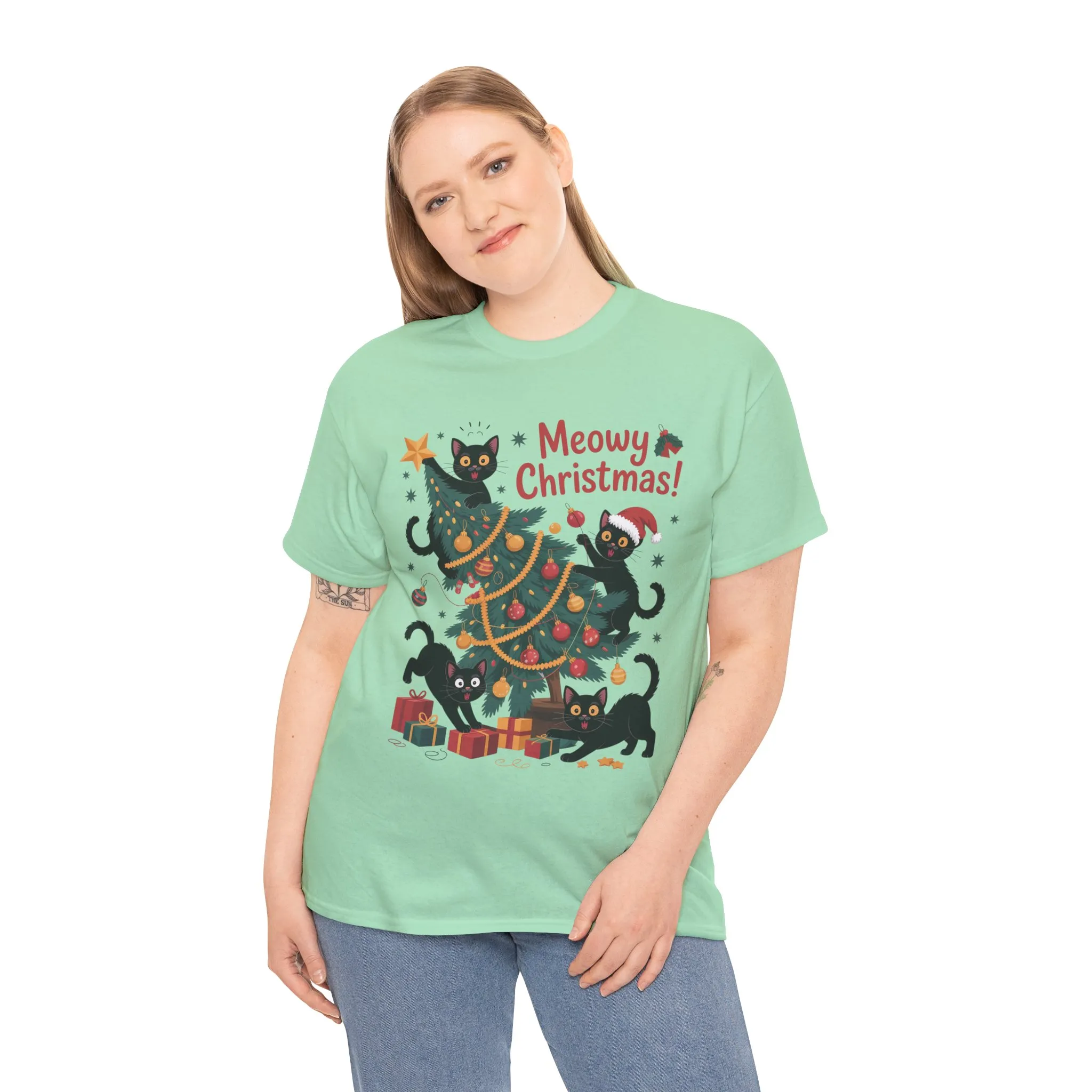Funny Black Cats Christmas Tree T-Shirt, Cute Cat Lover Holiday Tee, Christmas Cat Chaos Shirt for Women