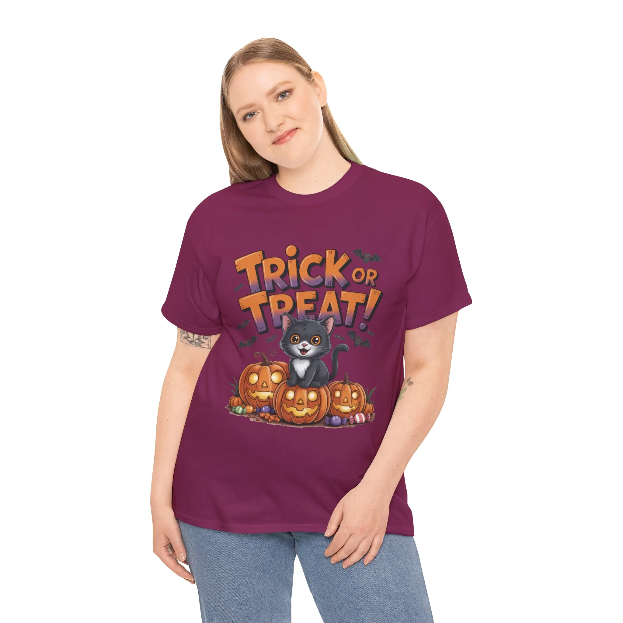 Cute Black Cat Trick or Treat Halloween T-Shirt for Women, Funny Pumpkin Cat Tee, Spooky Fall Shirt, Matching Family Halloween Shirts - Image 30