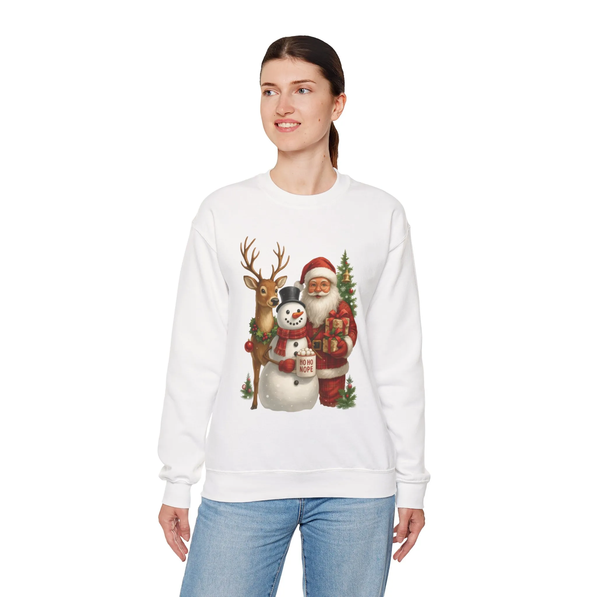 Santa, Snowman - Reindeer Christmas Sweatshirt, Funny Ho Ho Nope Holiday Sweater, Cute Vintage Christmas Jumper for Women - Image 6
