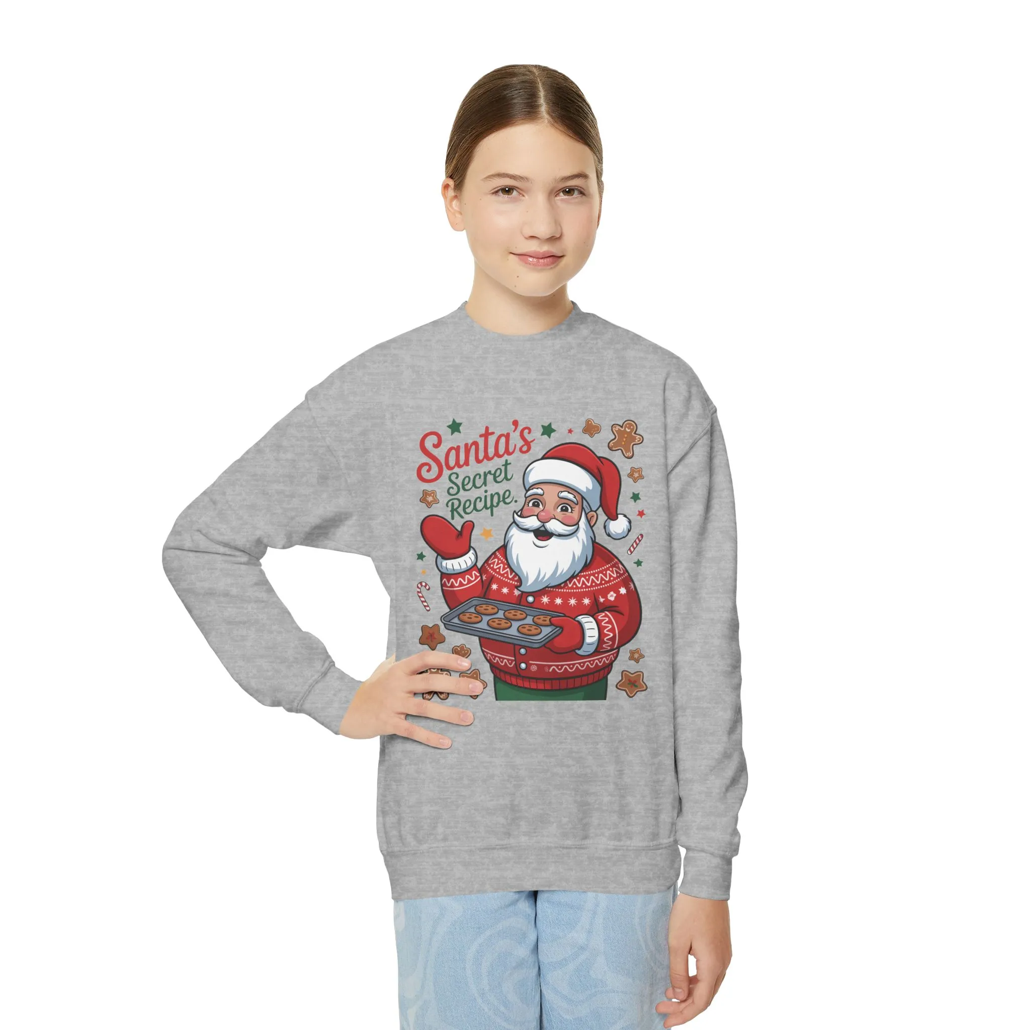 Kids Santa's Secret Recipe Christmas Sweatshirt, Cute Holiday Baking Jumper, Gingerbread Cookie Santa Sweater for Girls