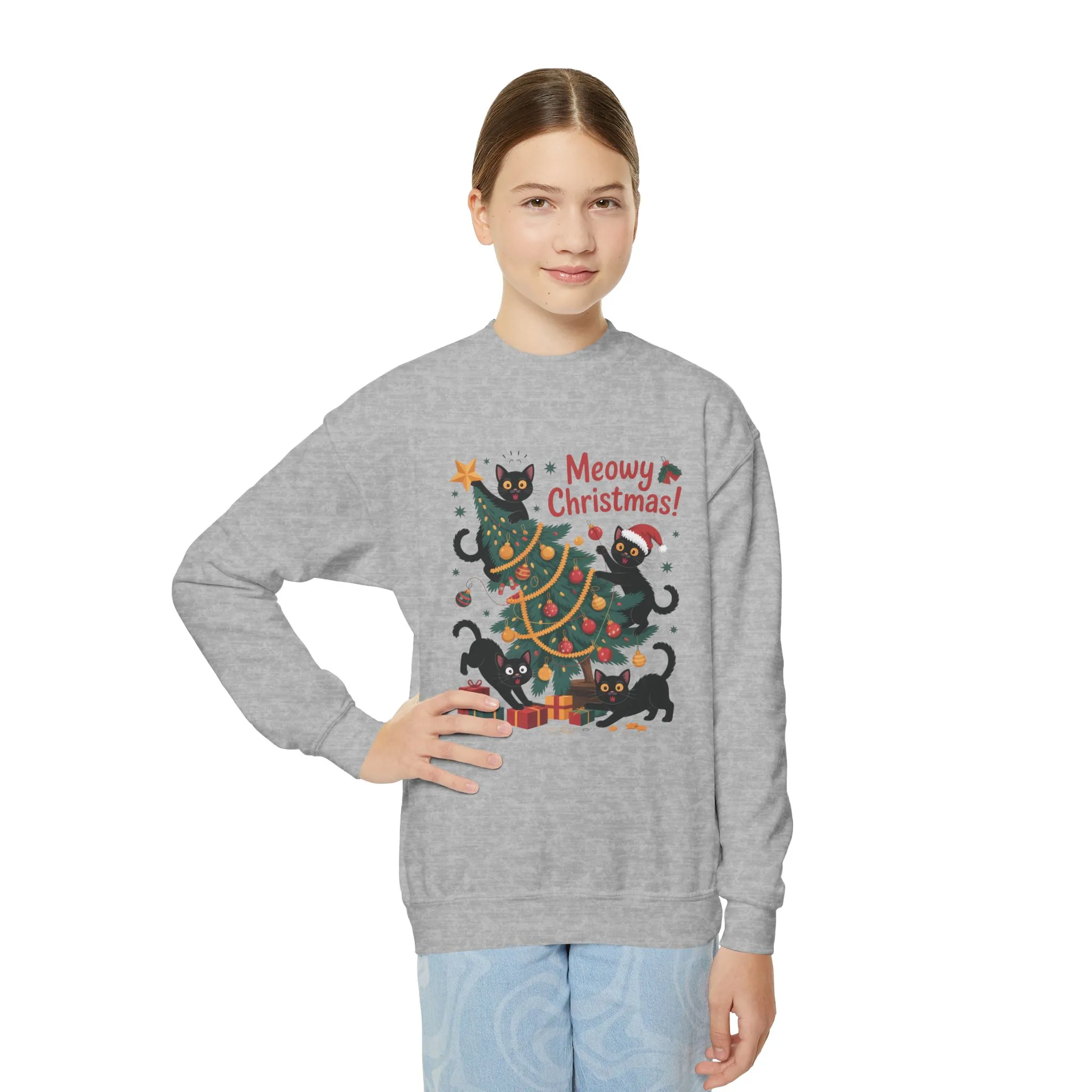 Kids Black Cats Christmas Tree Sweatshirt, Cute Funny Cat Holiday Jumper, Christmas Cat Chaos Pullover - Image 6