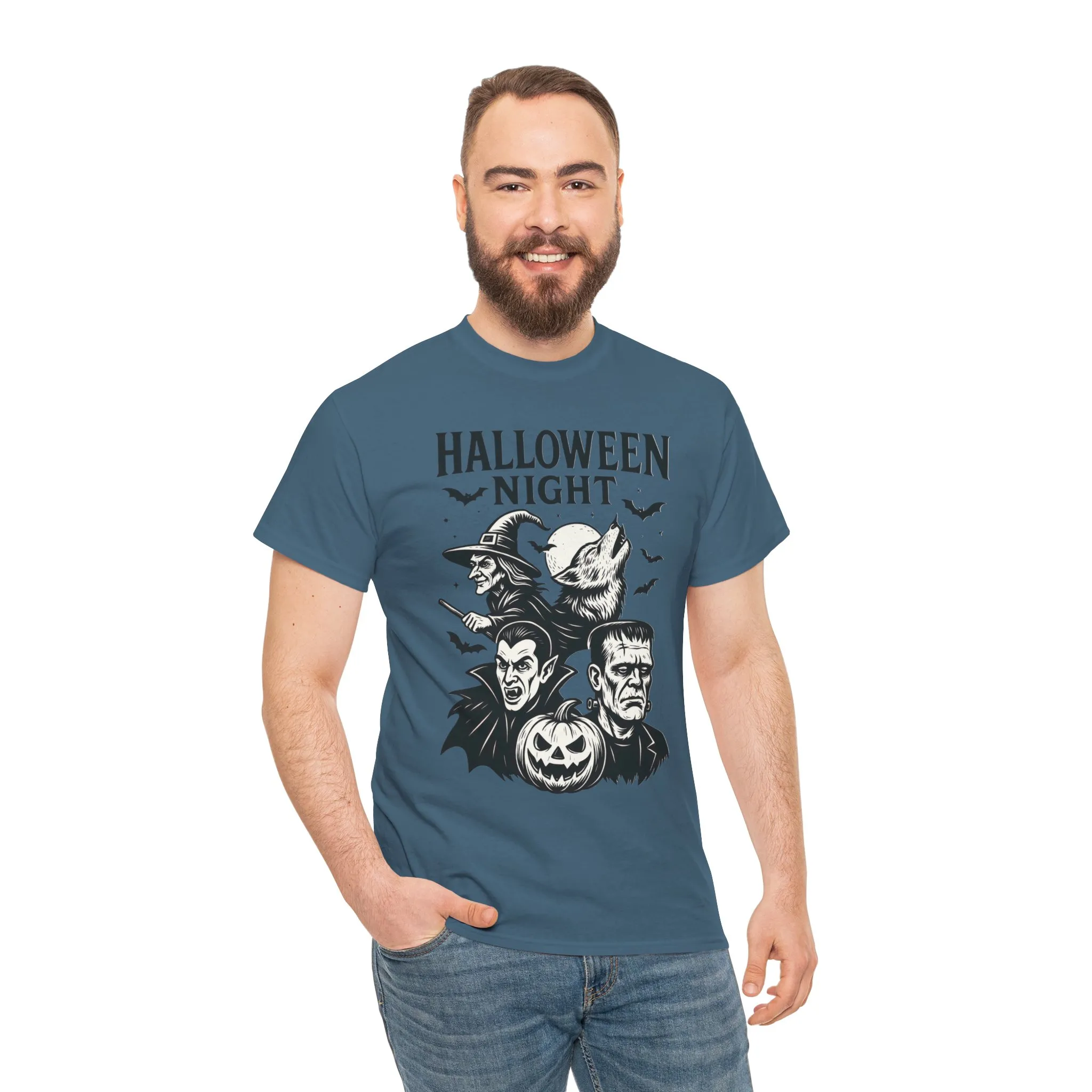 Halloween Night Men's T-Shirt, Classic Monsters Graphic Tee, Witch, Vampire, Frankenstein, Werewolf - Image 20