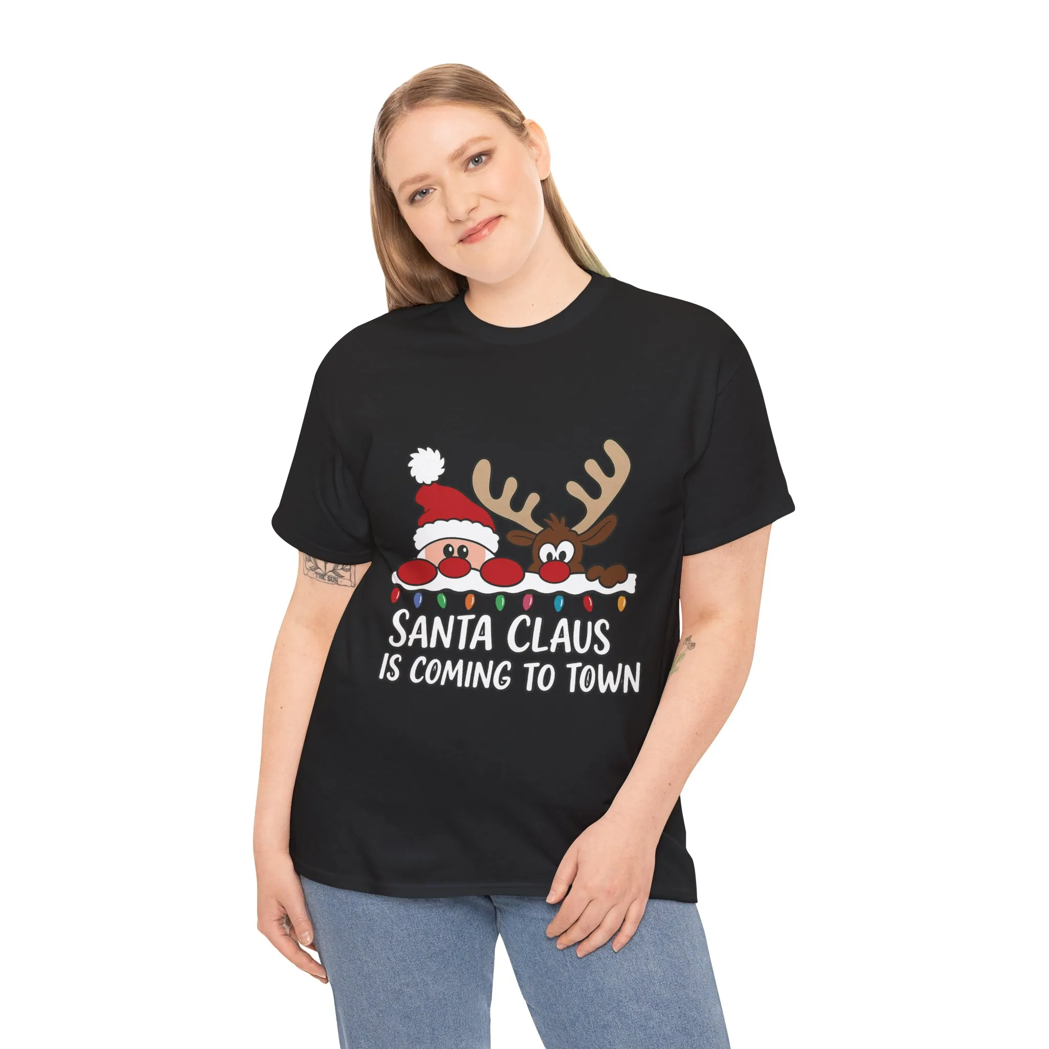 Santa Claus Is Coming to Town Women's Christmas T-Shirt, Cute Santa - Reindeer Holiday Tee - Image 6