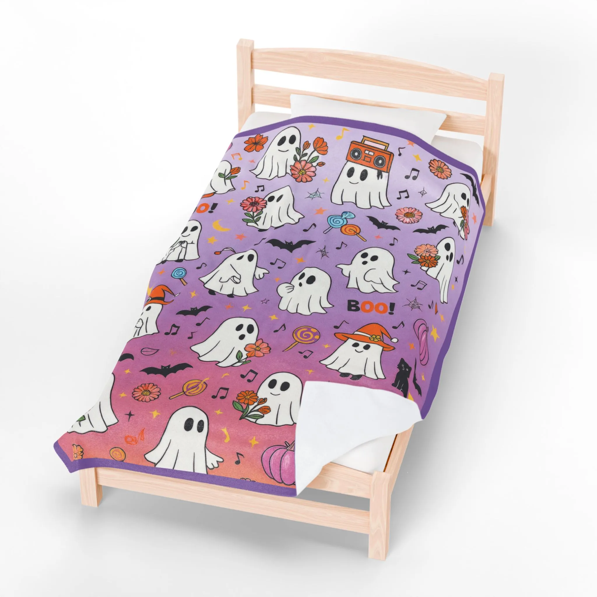 Cute Ghost Halloween Velveteen Plush Blanket for Kids, Purple Ghost and Candy Throw Blanket, Cozy Spooky Fall Blanket, Kawaii Boo Gift - Image 5