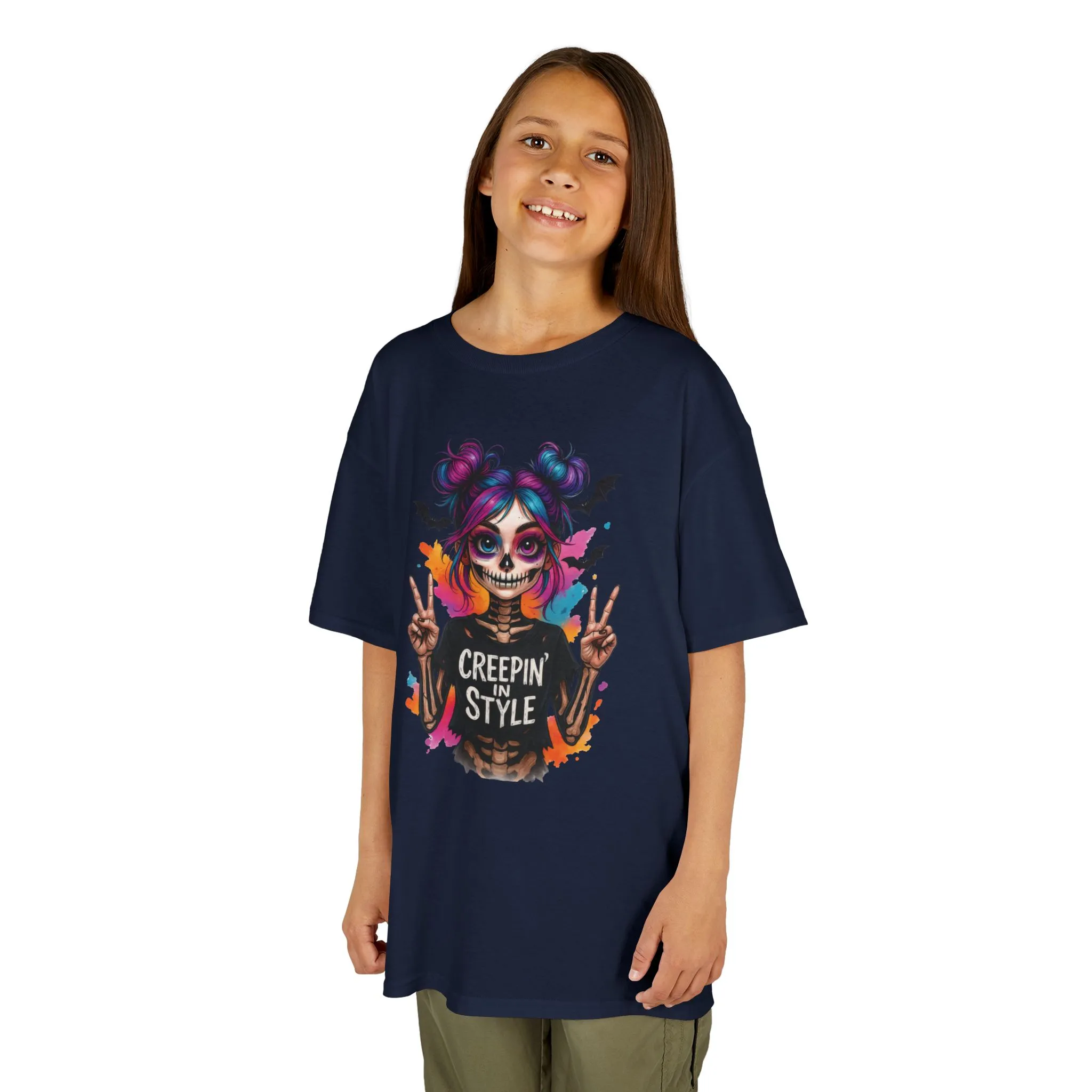 Creepin' in Style Kids Halloween T-Shirt, Colorful Skeleton Girl Design, Cute Spooky Shirt for Trendy Girls - Image 12