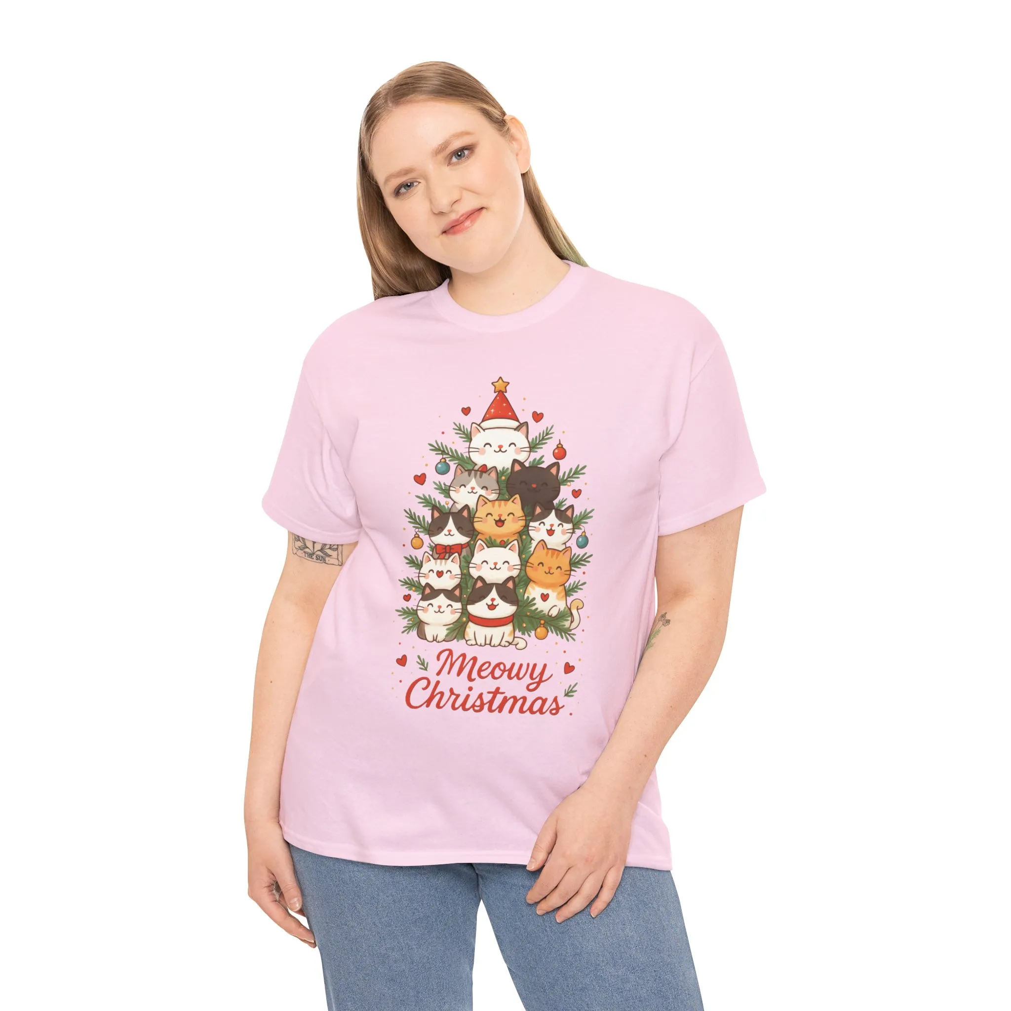 Women's Meowy Christmas Cat T-Shirt, Cute Holiday Kitty Tree Tee - Image 3