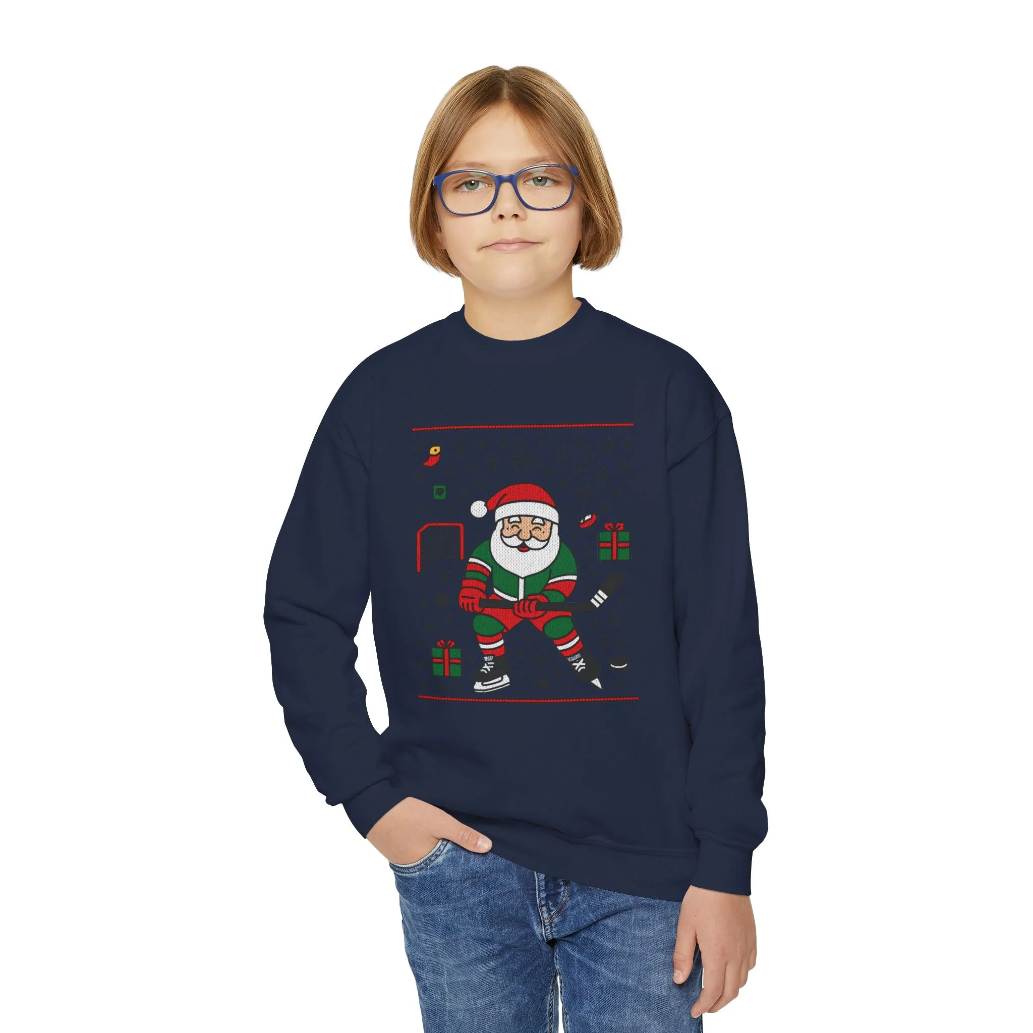 Hockey Santa Youth Christmas Sweatshirt, Funny Sports Holiday Jumper for Boys - Image 10