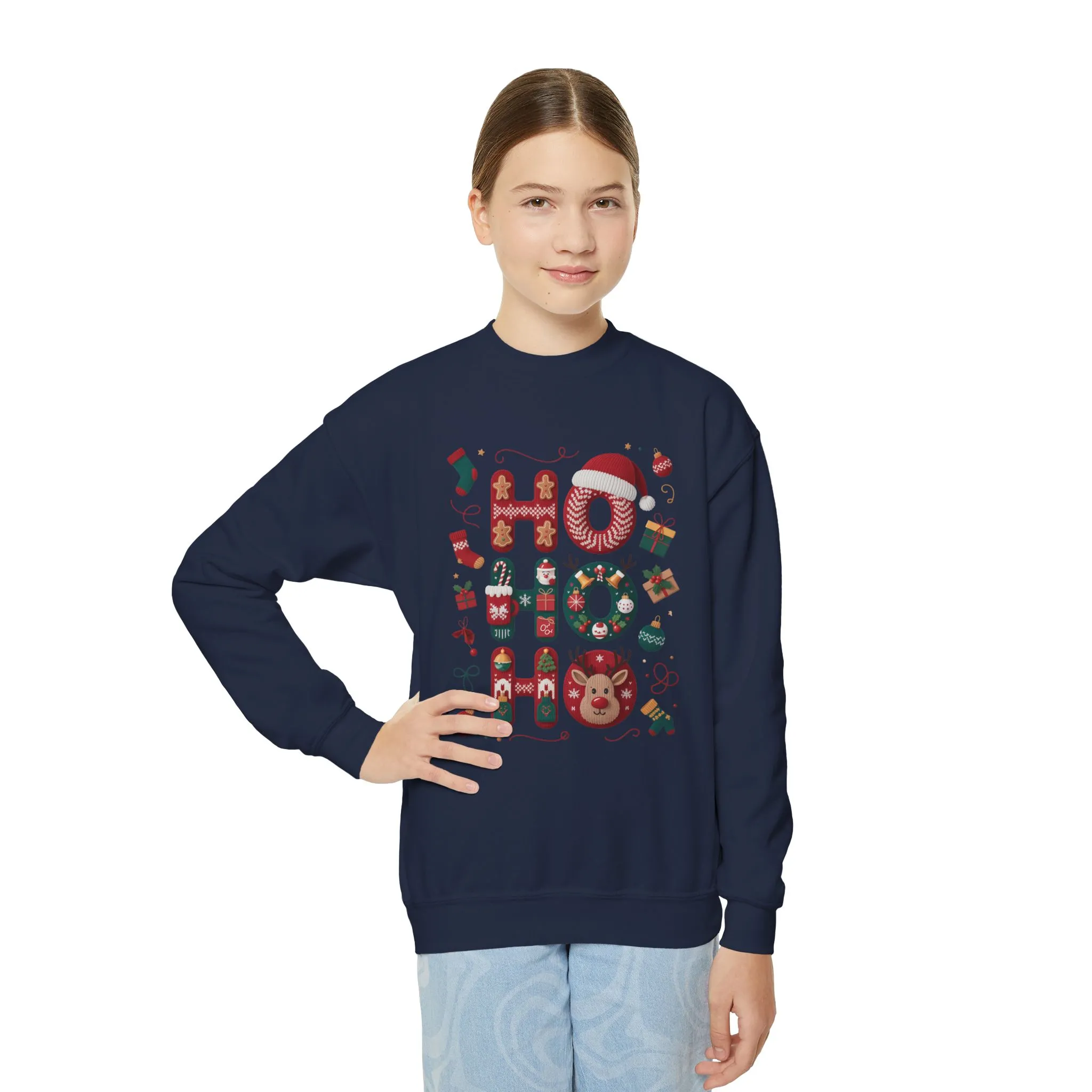Ho Ho Ho Kids Christmas Sweatshirt, Cute Girls Holiday Outfit, Reindeer, Gingerbread - Santa Hat Design, Cozy Winter Youth Crewneck - Image 12