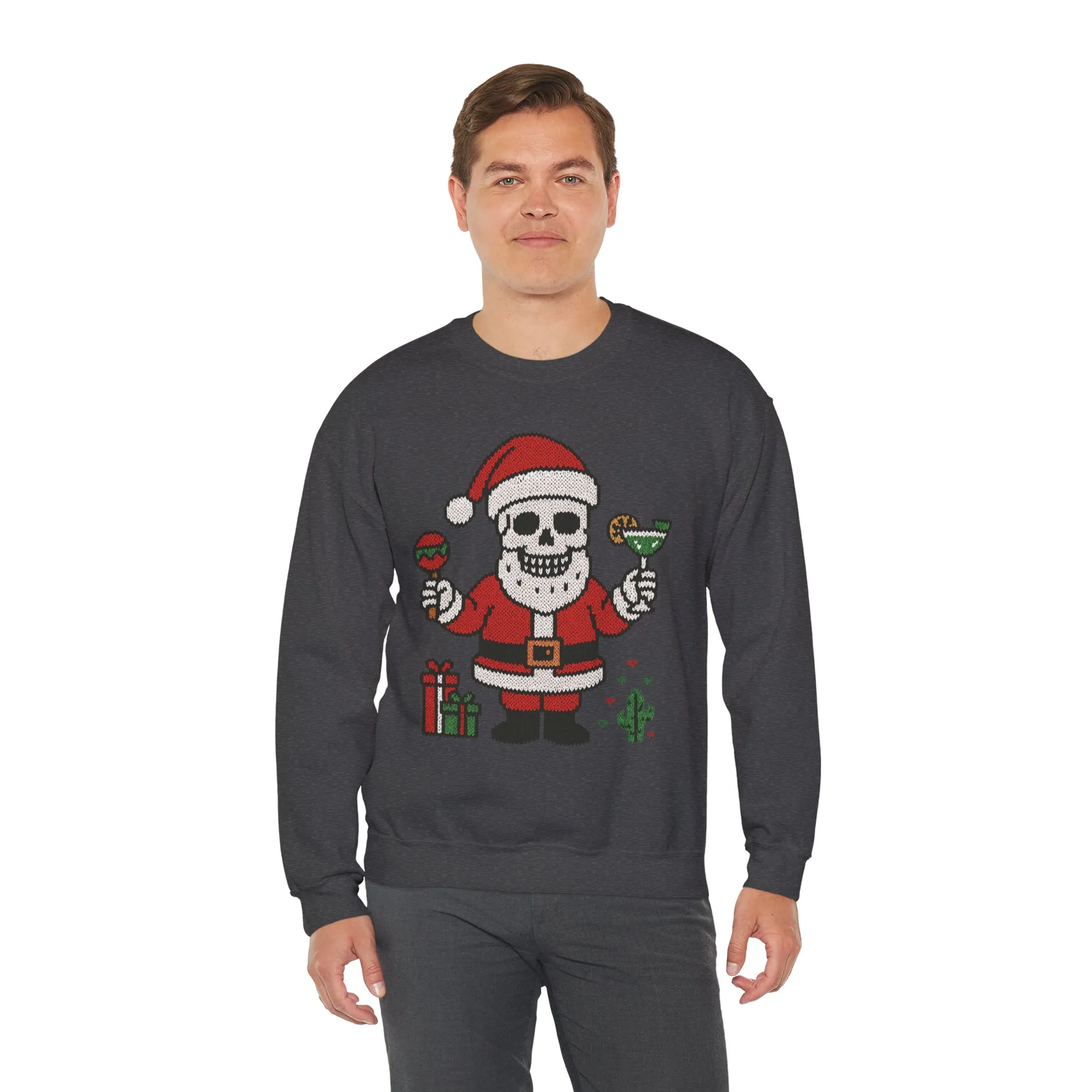 Funny Santa Skull Christmas Men's Sweatshirt, Holiday Margarita Pullover - Image 15